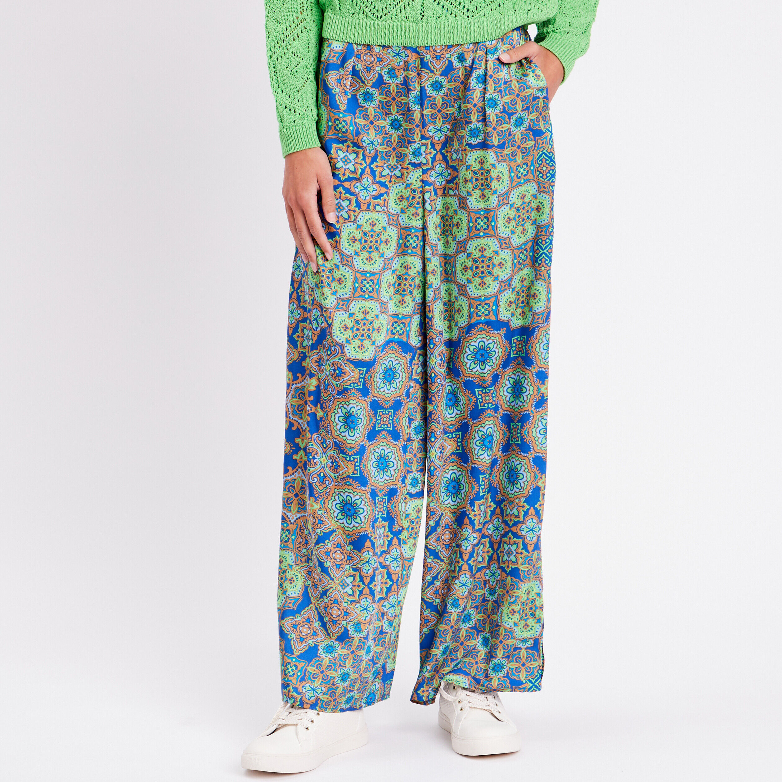 Pantalon large fendu satin bleu roi femme | Cache Cache