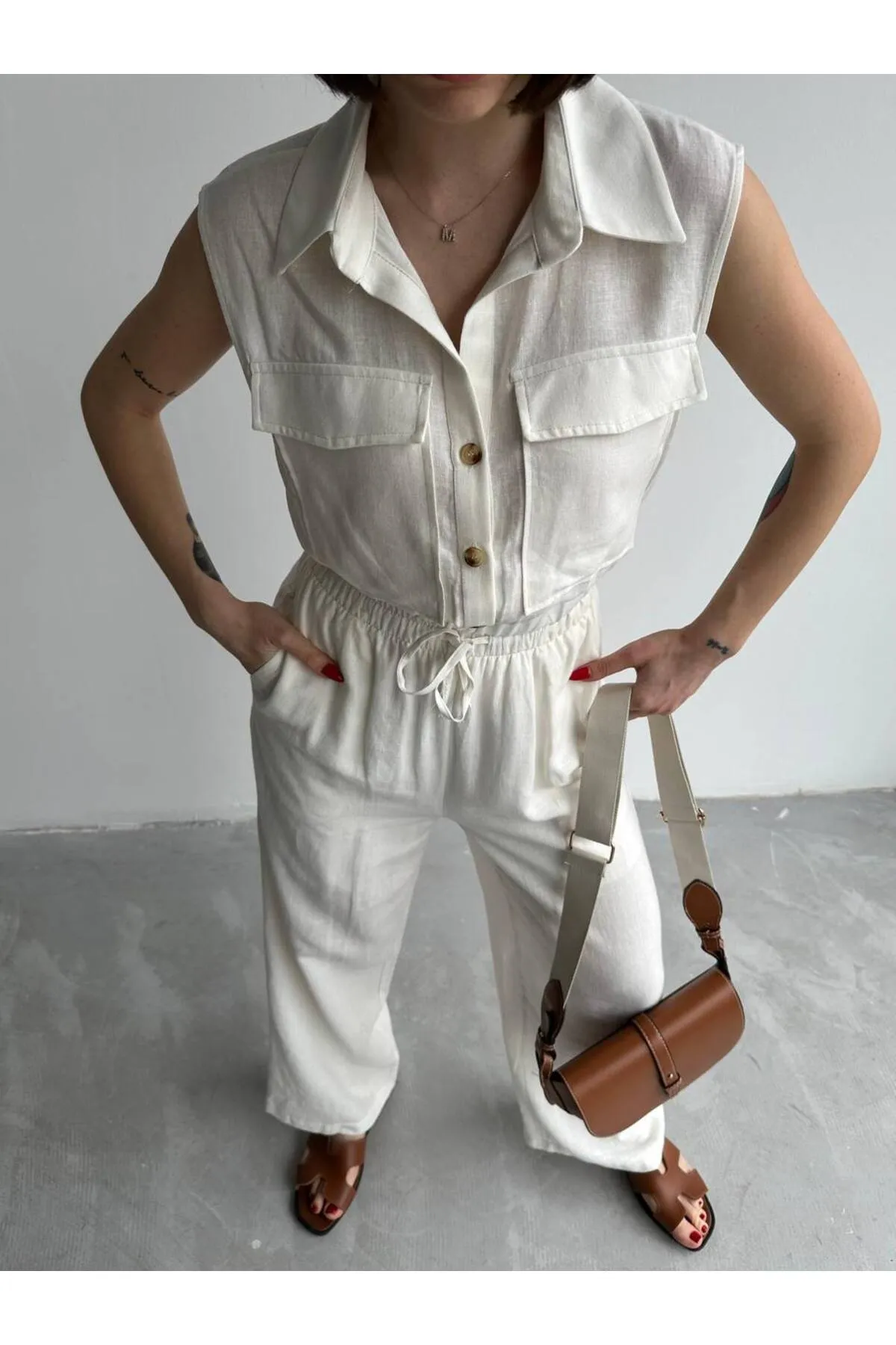 Laluvia  Ecrufarbenes Set aus Weste und Hose aus elastischem Leinen, 100 % Baumwolle