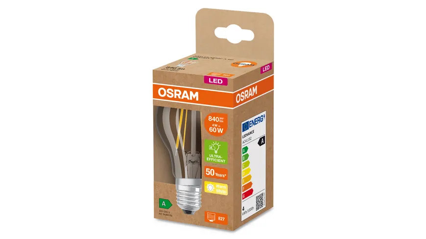 OSRAM Led Lamps Energy Class A Energy Efficiency Filament Classic A 60 CL 4 Watt/3000 K E27 Fil