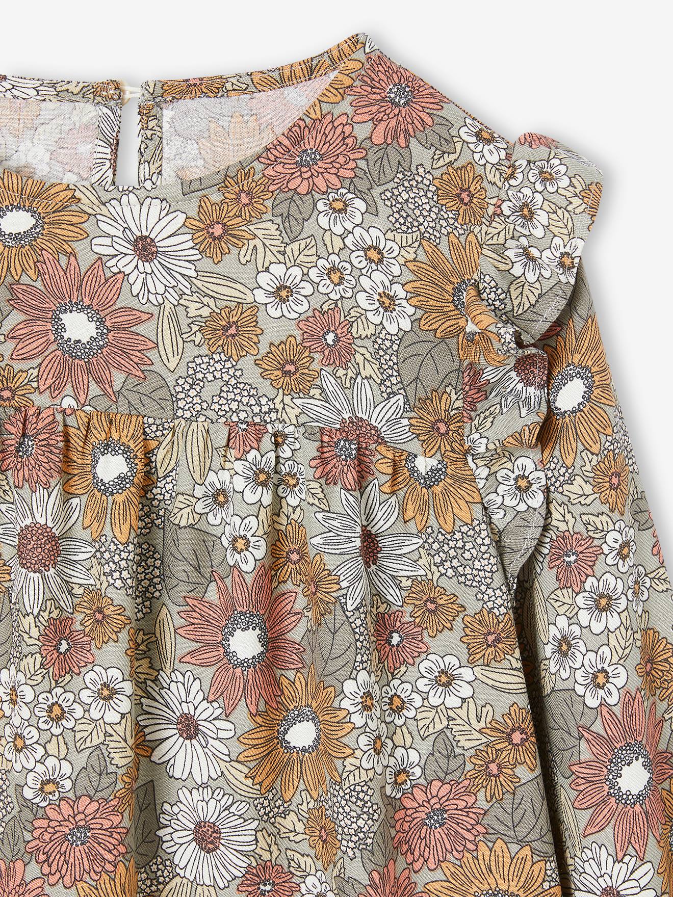 Robe imprimée fleurs manches volantées fille bleu nuit