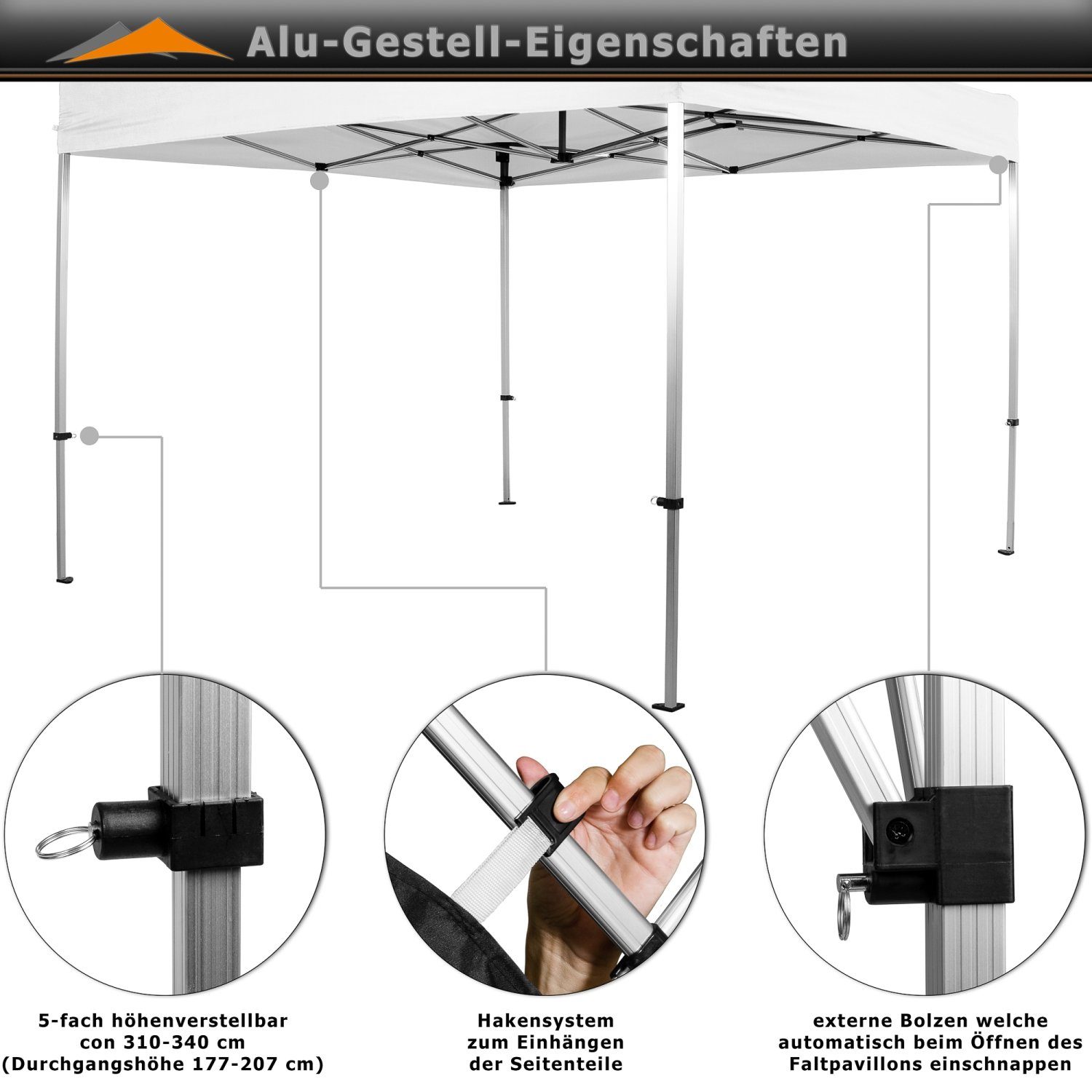 INSTENT Faltpavillon Pro 3x3 m Aluminium Pavillon Partyzelt, mit Trolley, wasserabweisend, UV-Schutz 50+, Farb- u. Modellwahl