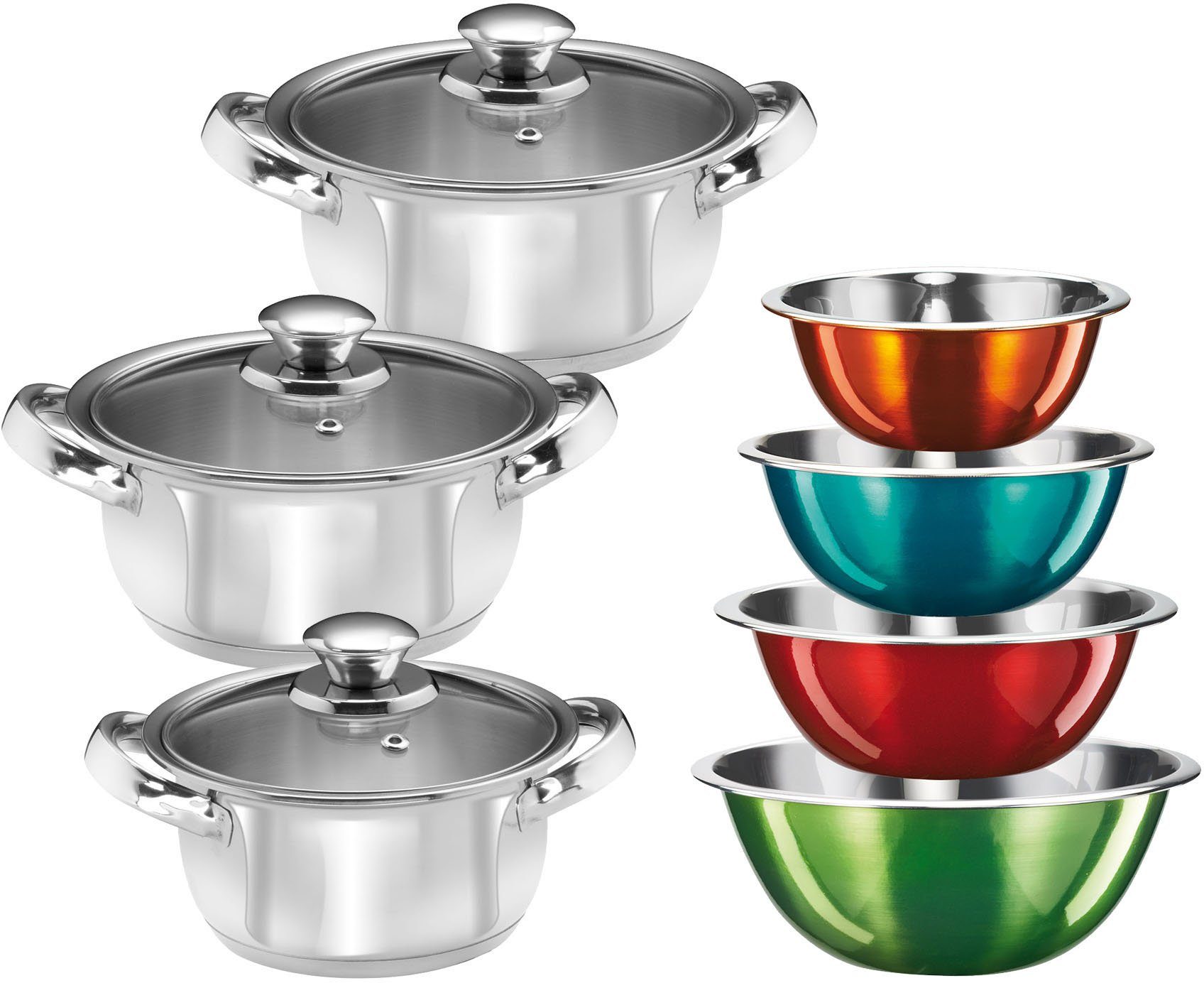 KING Topf-Set EDELSTAHL, Edelstahl (Set, 10-tlg), 3 Töpfe Ø 16/18/20 cm inkl. Glasdeckel, Induktion, 4 Schüsseln