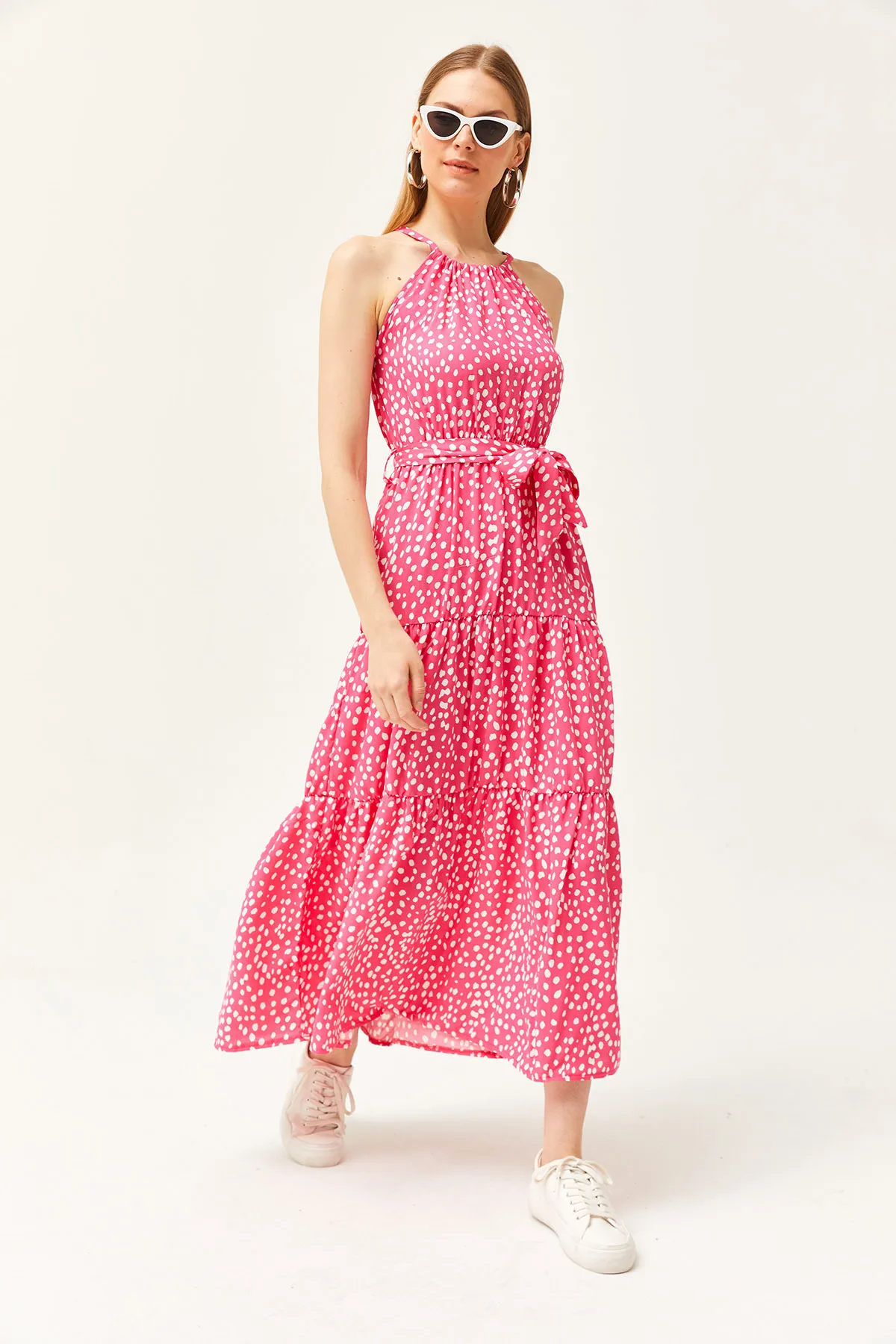 Olalook  Damen Polka Dot Fuchsia Neckholder-Kleid aus gewebter Viskose mit Gürtel ELB-19001548