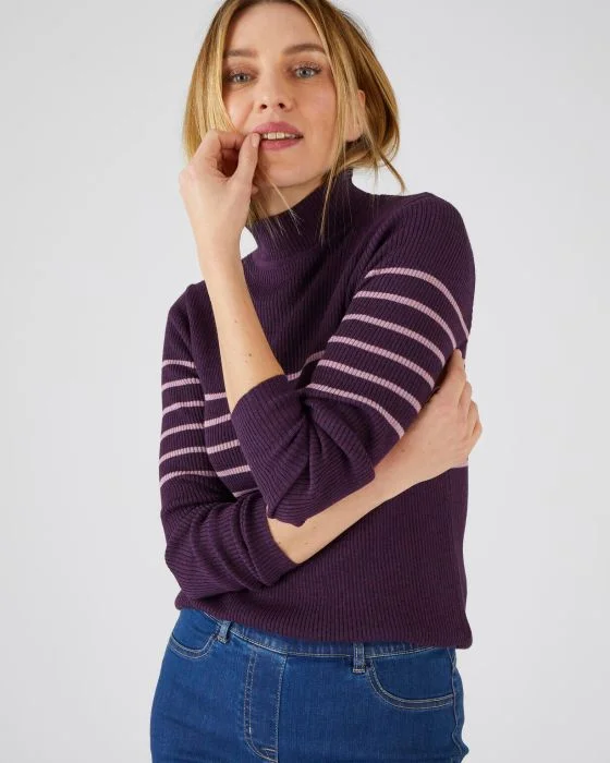 Pull col montant, 50% laine mérinos, uni et rayé
