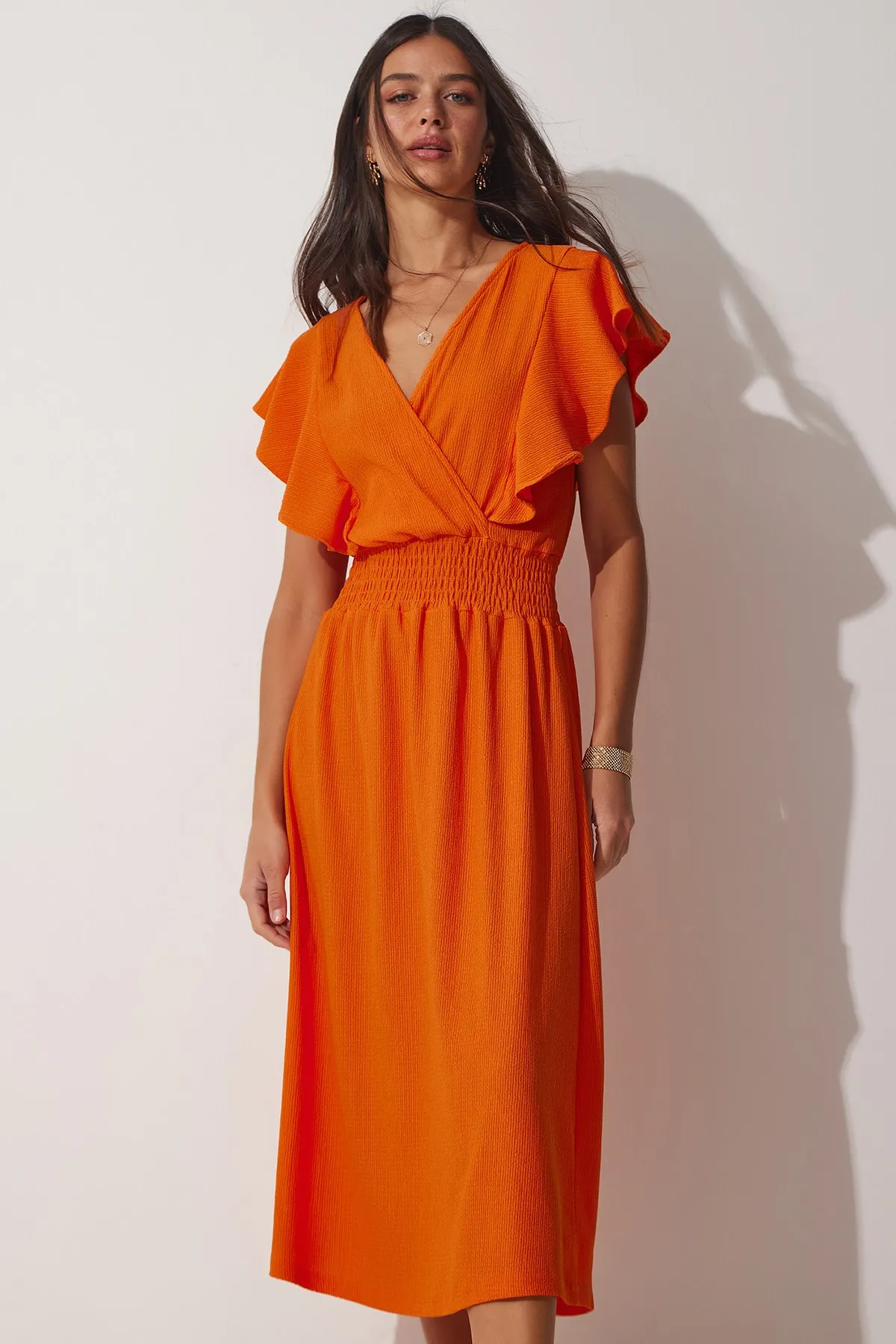 Happiness İstanbul  Strukturiertes Strickkleid mit Volant in Orange für Damen CI00025