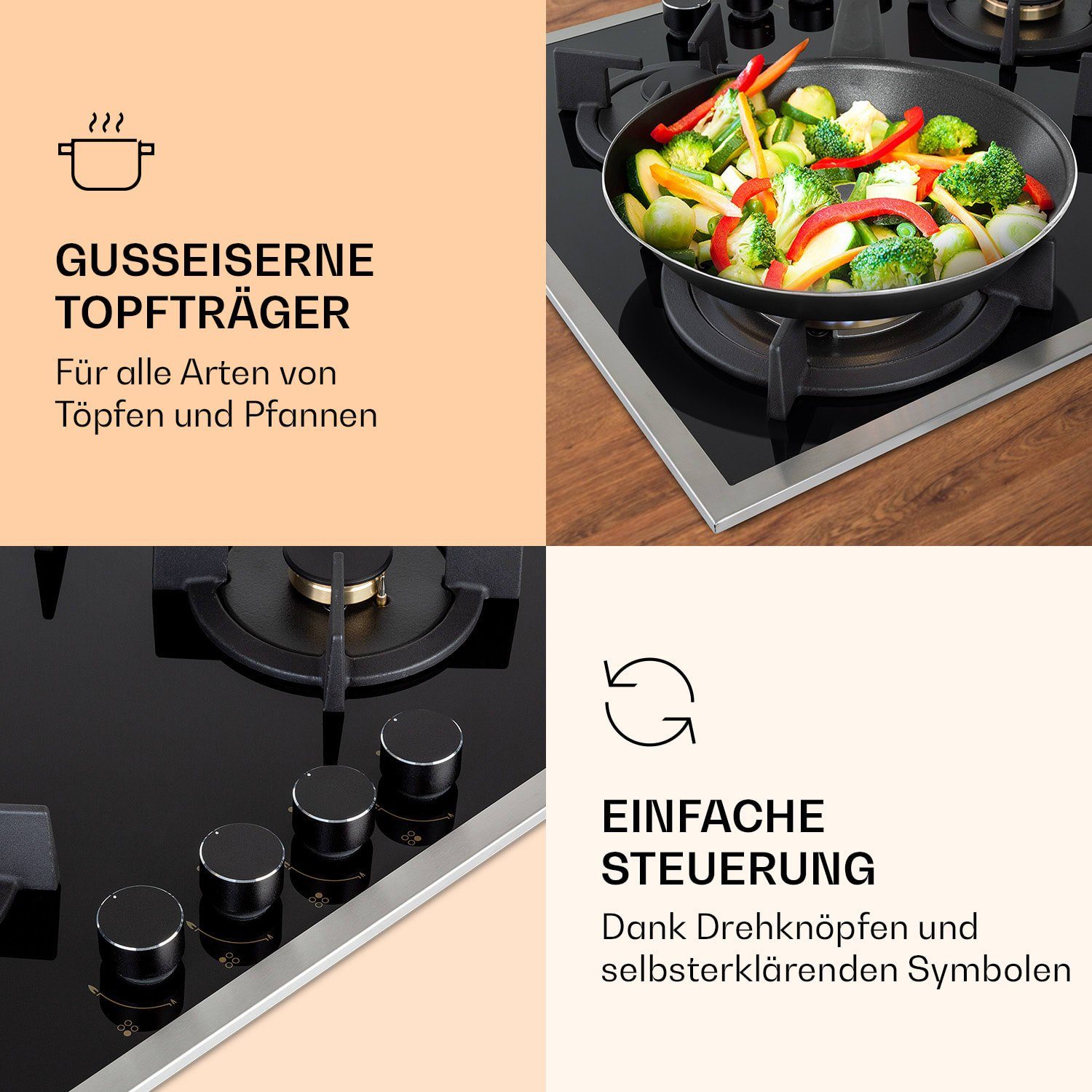 Klarstein Gas-Kochfeld Goldflame Domino 4 Prime Gaskochfeld 4-flammig Messing-Brenner Glaskeramik CP11-Goldflame-4-Pri, Einbau Gas Kochfeld 4 Platten Herdplatte Kochplatte Einbaukochfeld