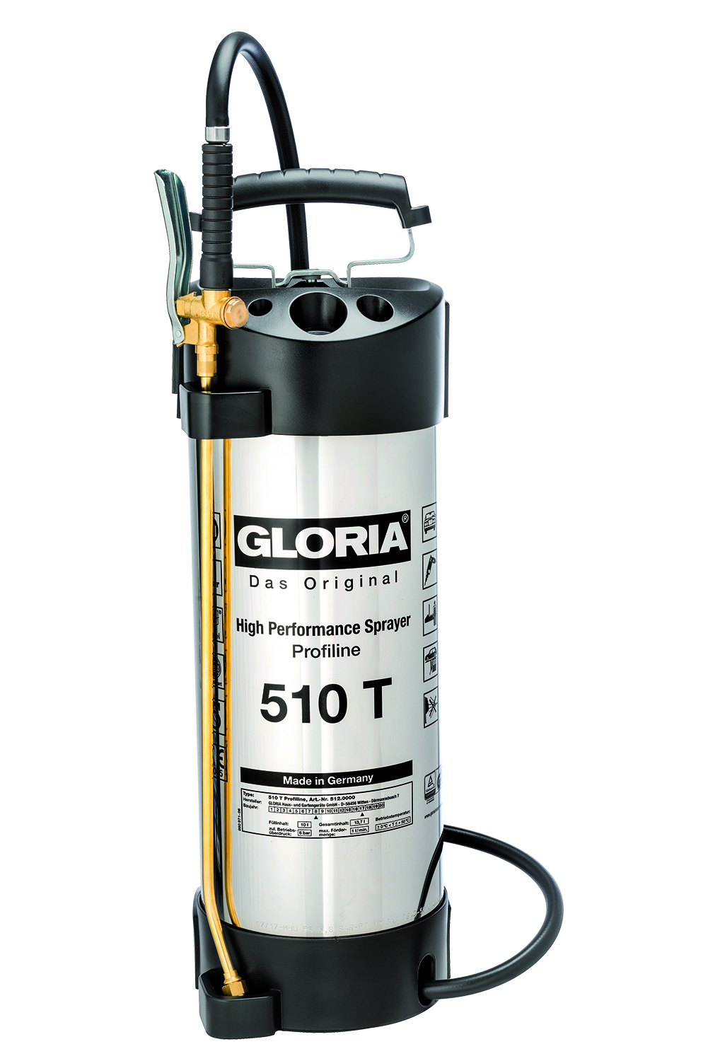 Pulvérisateur à pression Gloria 000512.0000 510 T Profiline 10 l Joints Viton Réservoir en acier inoxydable Brume plate 80°