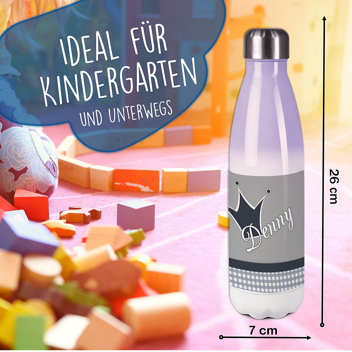 Edelstahl Kinder Thermoflasche / Trinkflasche bunt Krone Farbe grau Spülmaschinenfest, Auslaufsicher, Bruchfest, Doppelwandig, Für Heißgetränke geeignet, Mit Deckel, Isoliert