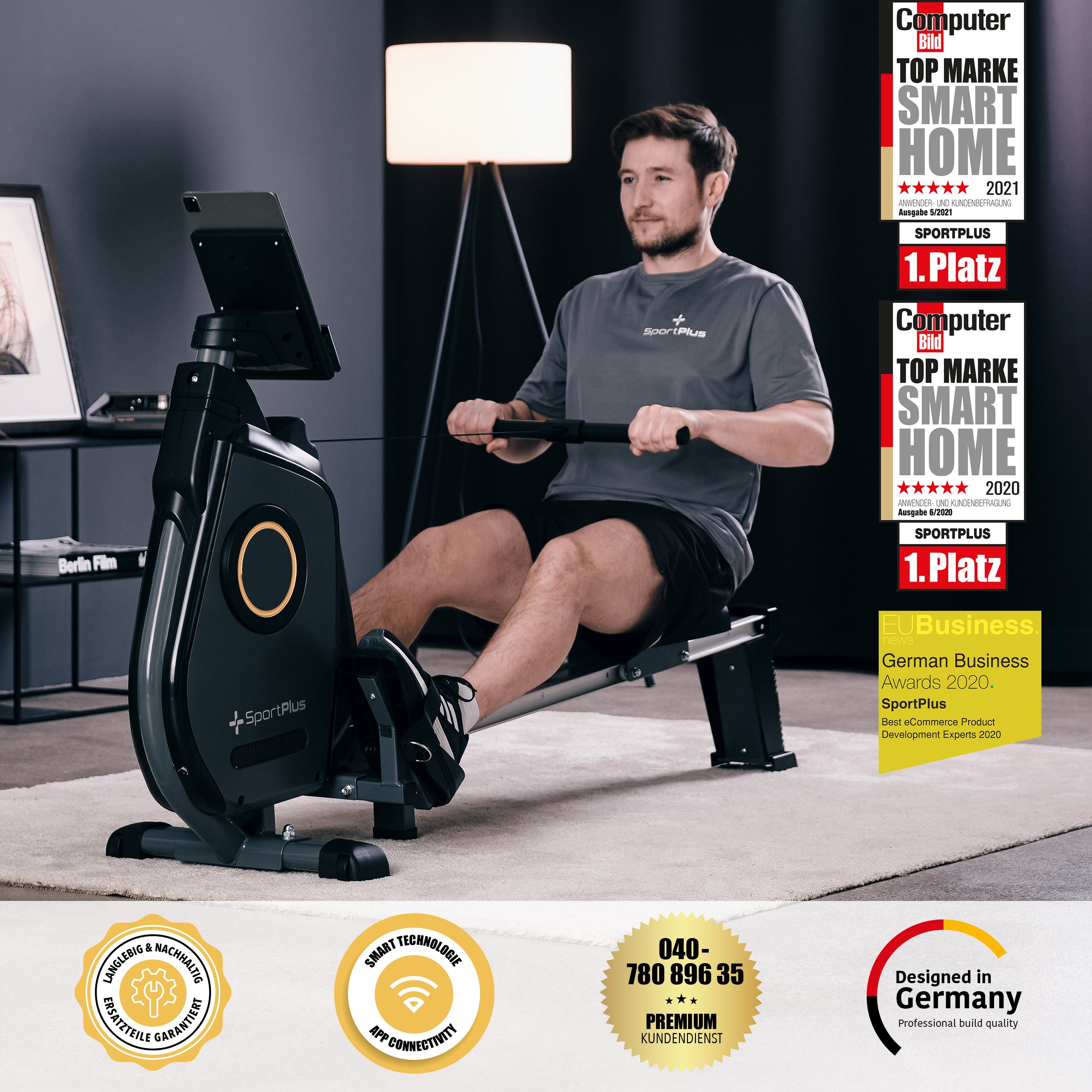 SportPlus Rudergerät SP-MR-030-B-iE, Rudergerät, klappbar, App-Steuerung, Magnetbremssystem, SP-MR-030-B-iE