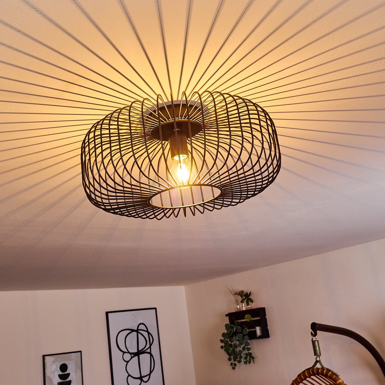 hofstein Deckenleuchte Pieris runde Deckenlampe aus Metall in Schwarz, ohne Leuchtmittel, E27, Retro-Leuchte mit Lichteffekt durch Gitter-Optik