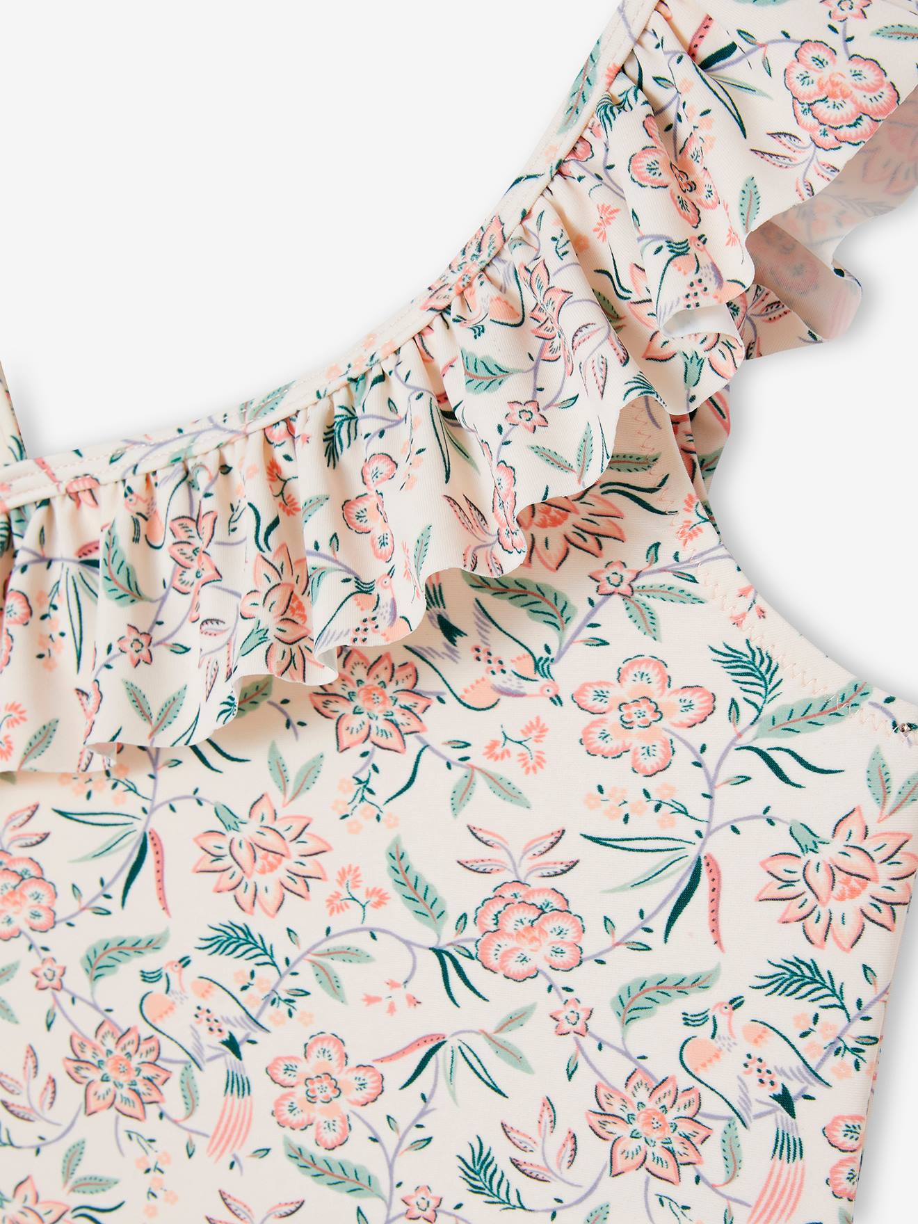 Maillot de bain 1 pièce asymétrique imprimé et volanté fille pêche