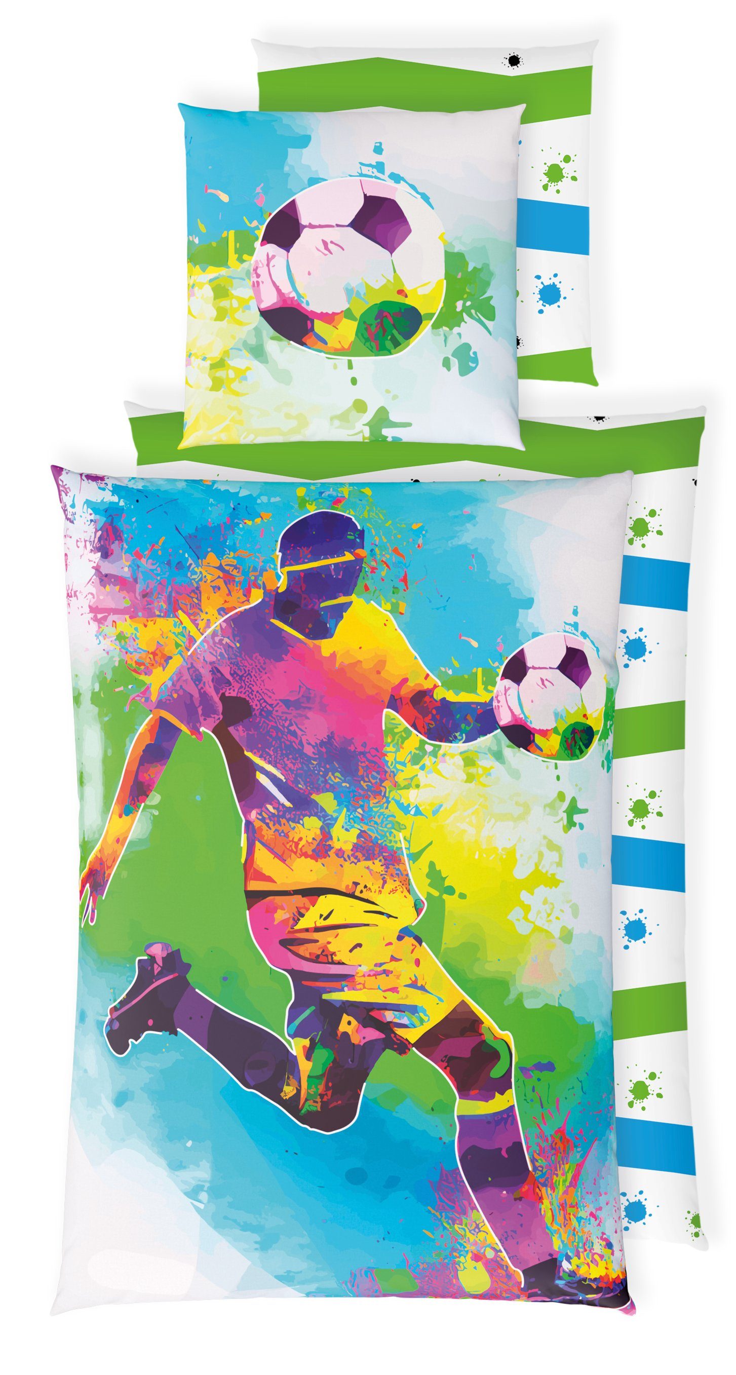 Kinderbettwäsche Leuchtende Fußball Bettwäsche 135x200 Kinder Bettbezug Set + 10 SPIELE, Carpe Sonno, Baumwolle, 2 teilig, GLOW IN THE DARK Fußballer Bettwäsche Fussball