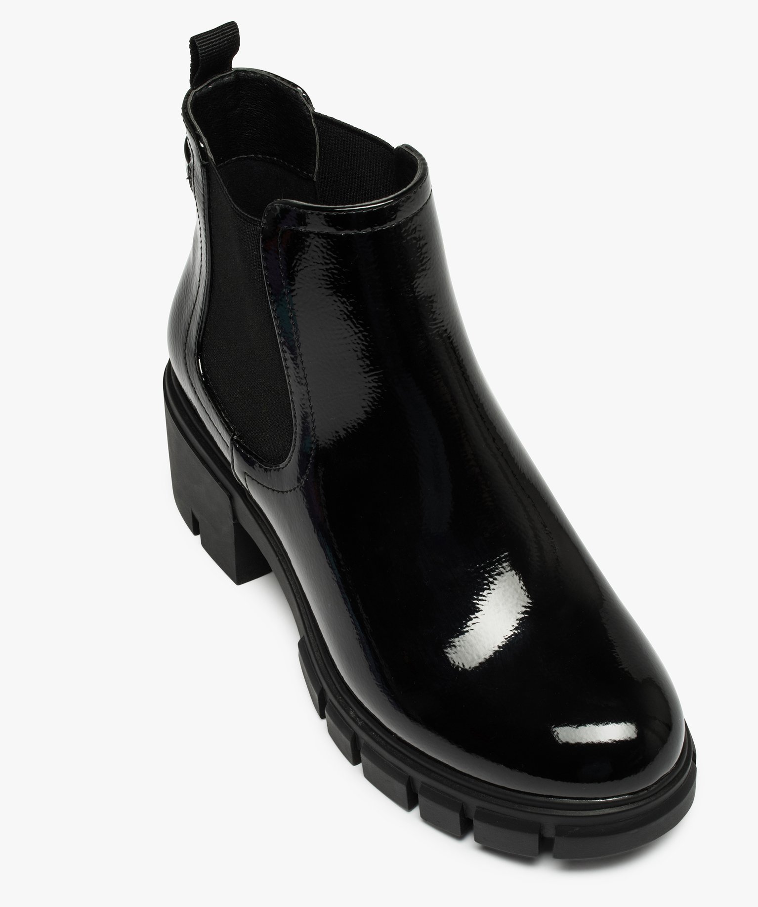 Boots femme à talon carré et semelle crantée dessus verni noir | GEMO
