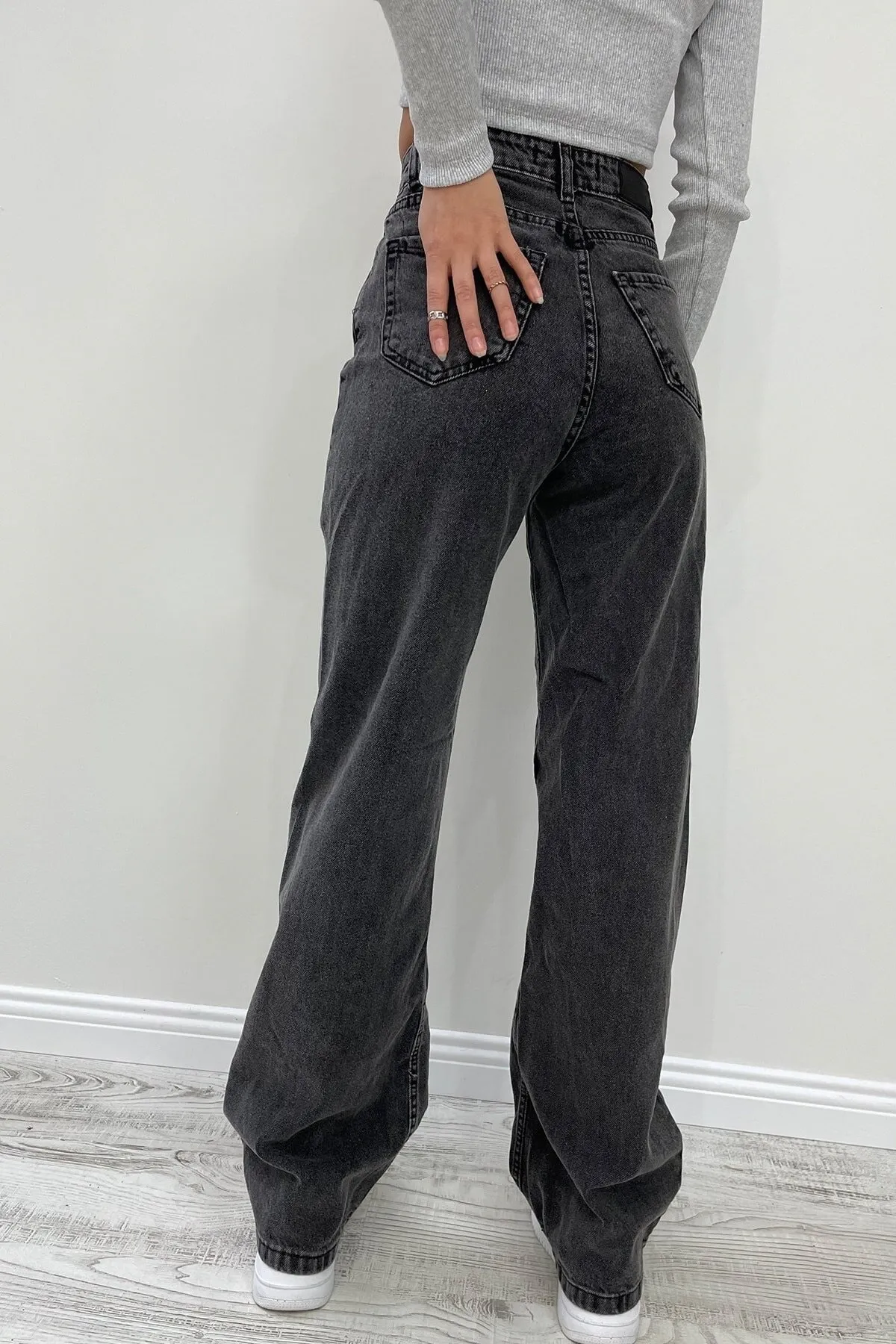 Trn JNS  Hooden Lycra Damen-Jeans, geräuchert, Snow Wash, superhohe Taille, lockeres Bein, Denim-Jeans, lockere Hose