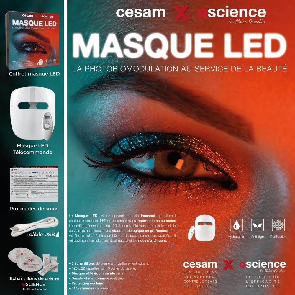 oscience Masque LED CESAM x OSCIENCE par photobiomodulation La dernière génération de maque LED pour combattre les imperfections cutanées !