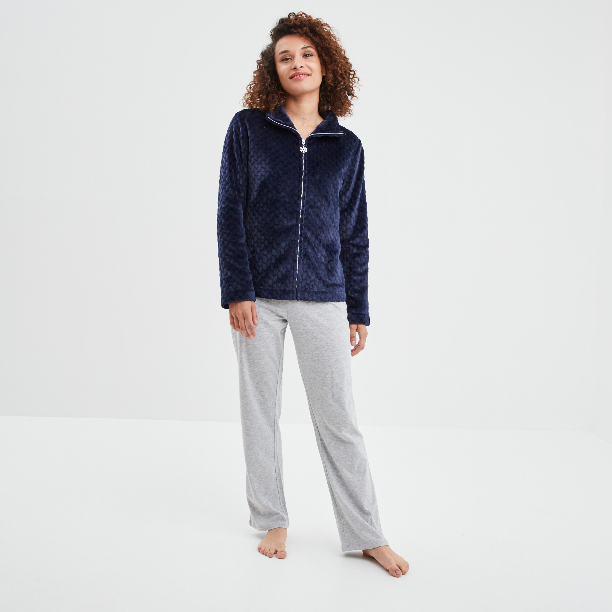 Veste pyjama pilou zippée col montant bleu marine femme | La Halle