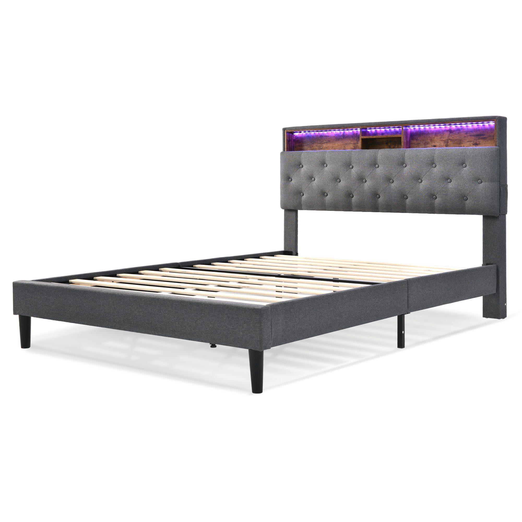 Ulife Polsterbett Doppelbett mit LED-Beleuchtung (Packung, 1 Bett), mit aufladen USB und LED-Beleuchtung Bettgestell