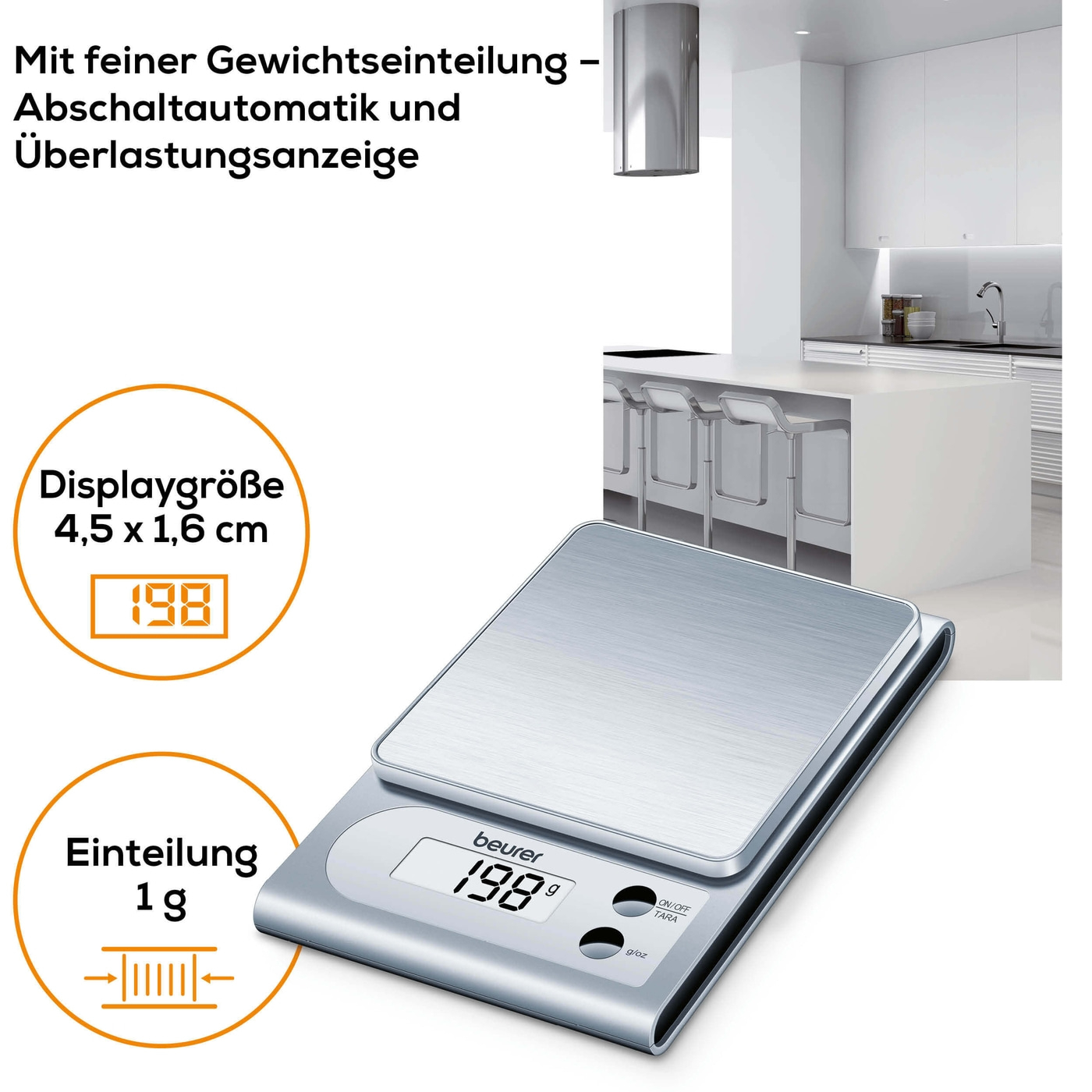 Beurer Küchenwaage - KS 22-Kleine edle Küchenwaage mit Edelstahlwiegefläche & Tarafunktion