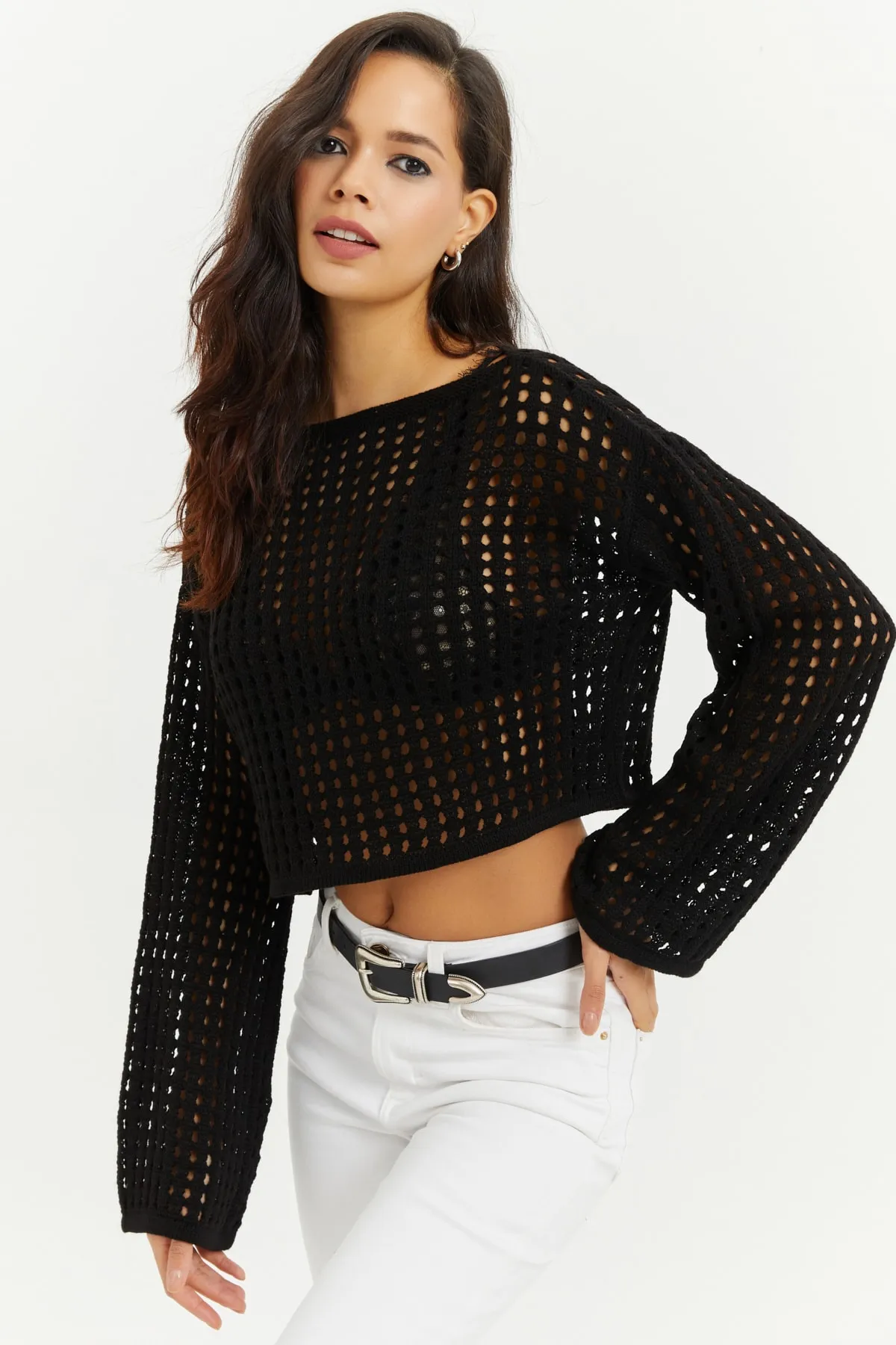 Cool & Sexy  Schwarze durchbrochene Strick-Kurzbluse mit spanischen Ärmeln für Damen SMT181