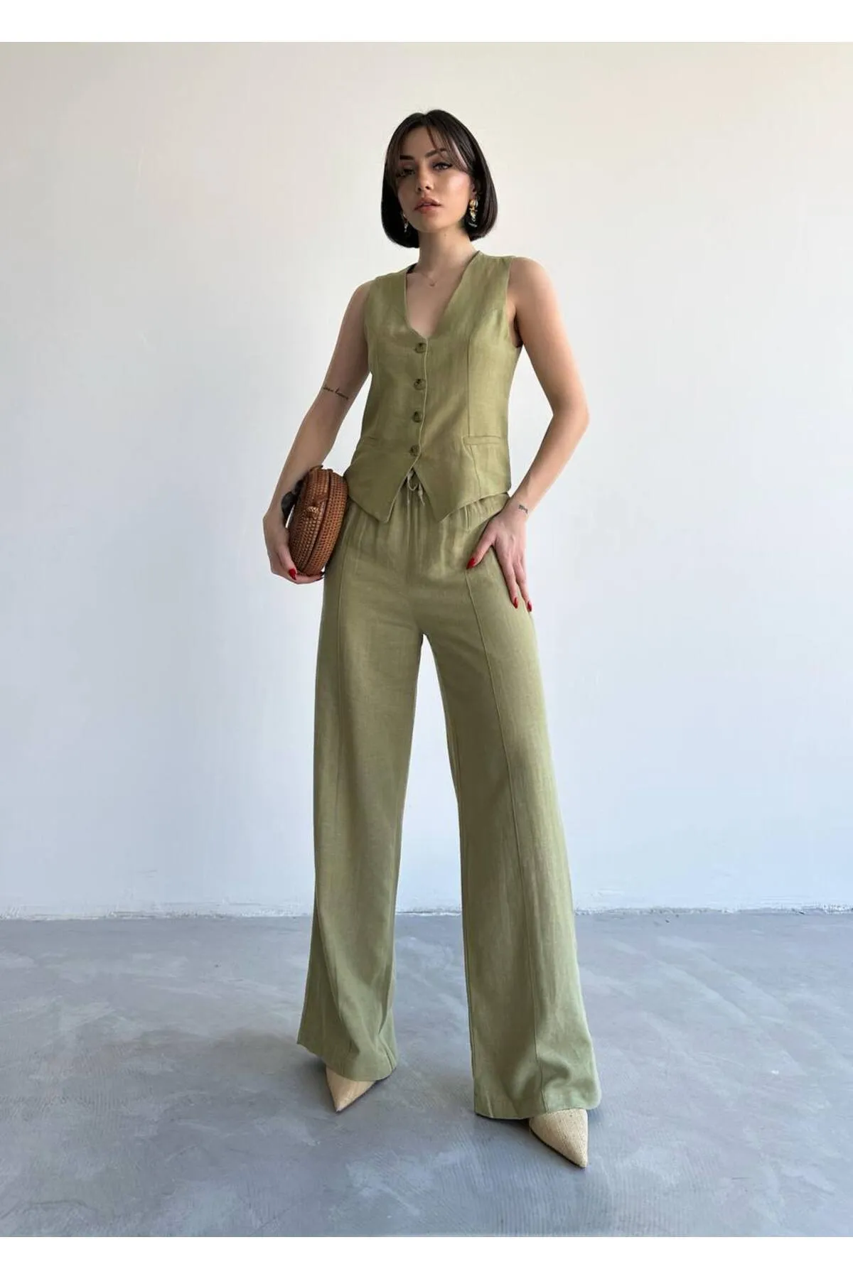 Laluvia  Khakifarbenes Lavin-Westen-Hosen-Set aus 100 % Baumwollleinen