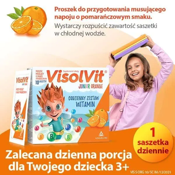 Visolvit Junior Orange, ένα σετ βιταμινών σε φακελάκια για παιδιά άνω των 3 ετών, γεύση πορτοκάλι