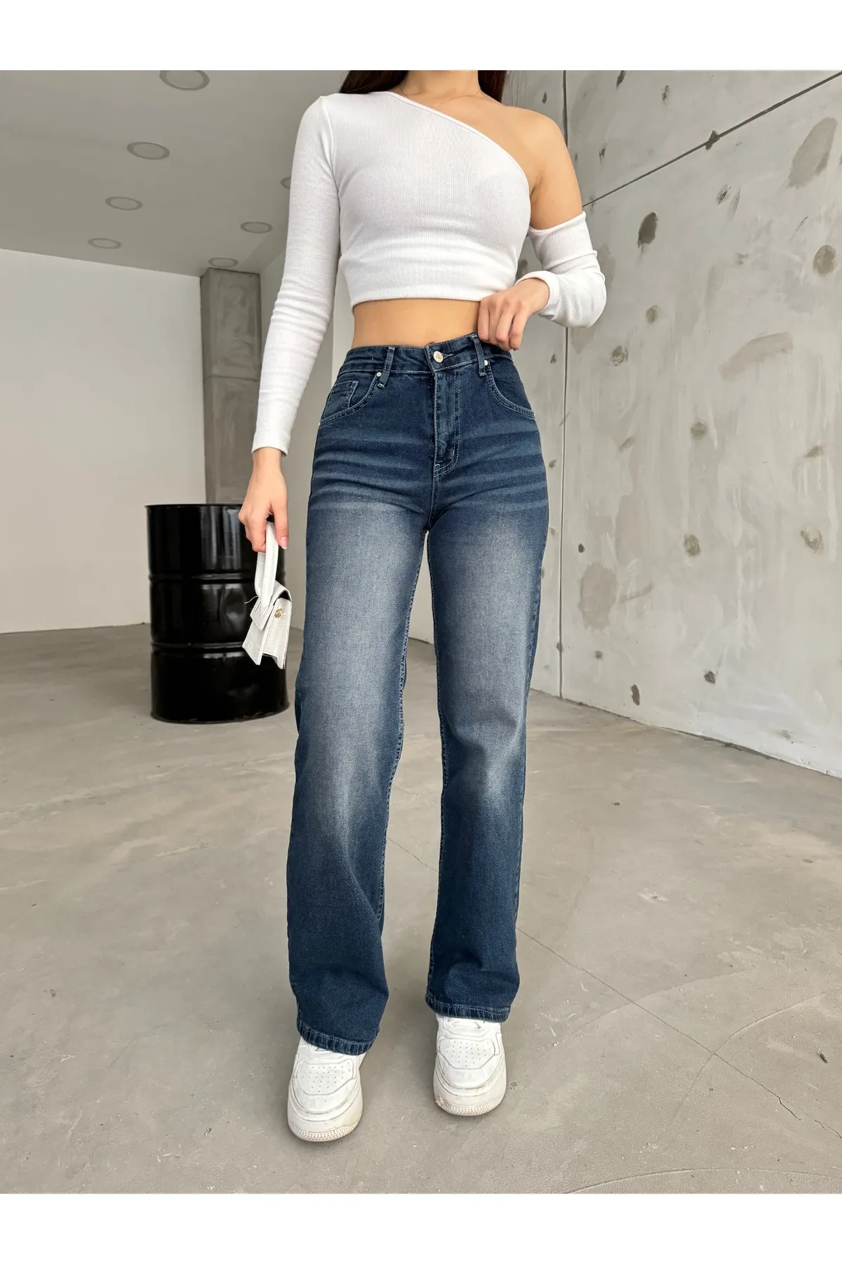 BİKELİFE  Damen Marineblaue, blasse Lycra-Jeans mit hoher Taille und weitem Bein, Salaş Palazzo Jeans