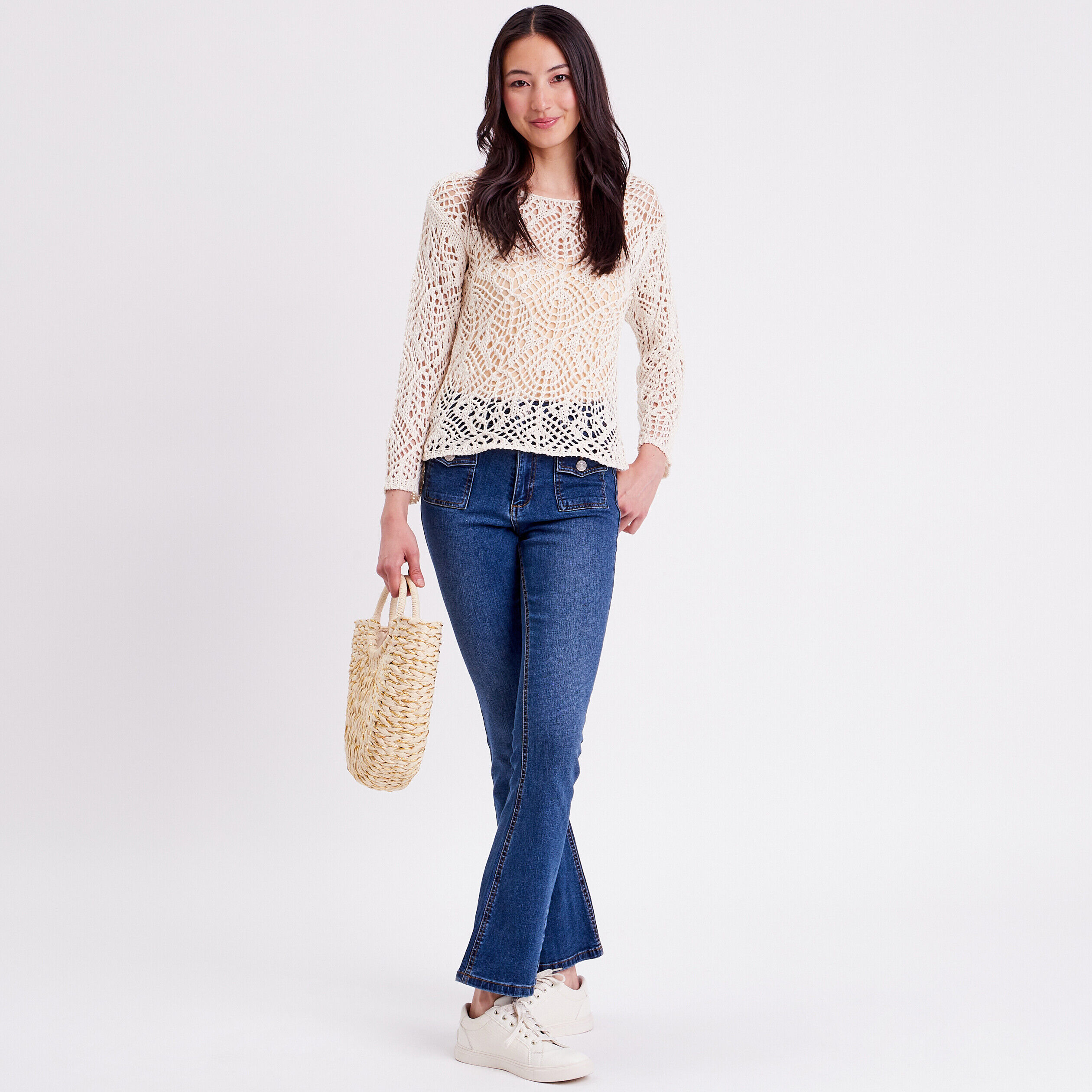 Pull crochet manches longues ivoire femme | Cache Cache