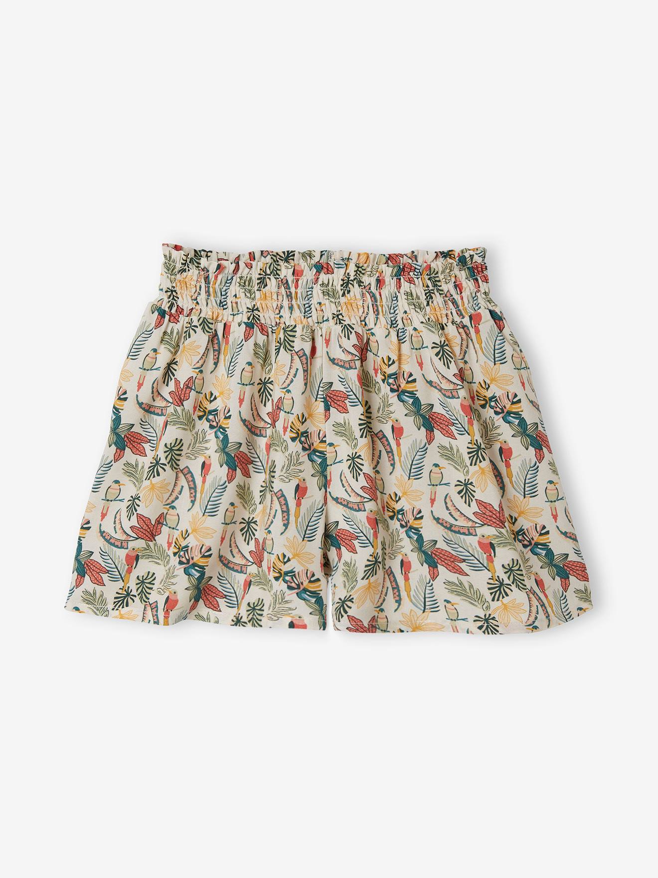 Short fluide effet jupe fille taille smockée beige imprimé