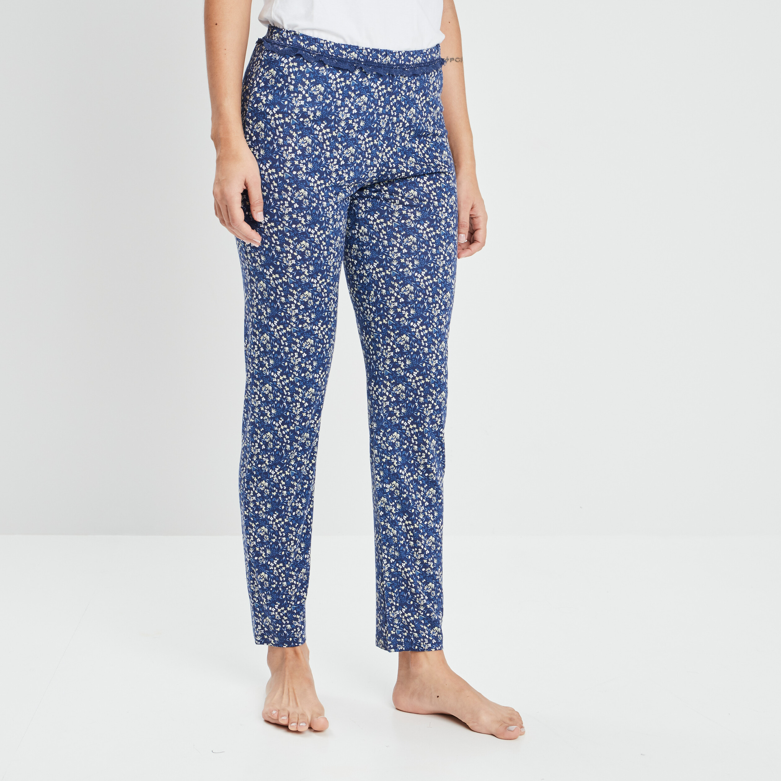 Pantalon pyjama liseré dentelle bleu marine femme | La Halle