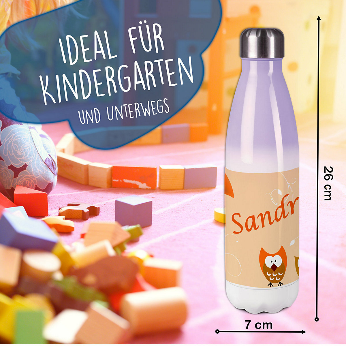 Edelstahl Kinder Thermoflasche / Trinkflasche bunt Eule Farbe orange Spülmaschinenfest, Auslaufsicher, Bruchfest, Doppelwandig, Für Heißgetränke geeignet, Mit Deckel, Isoliert