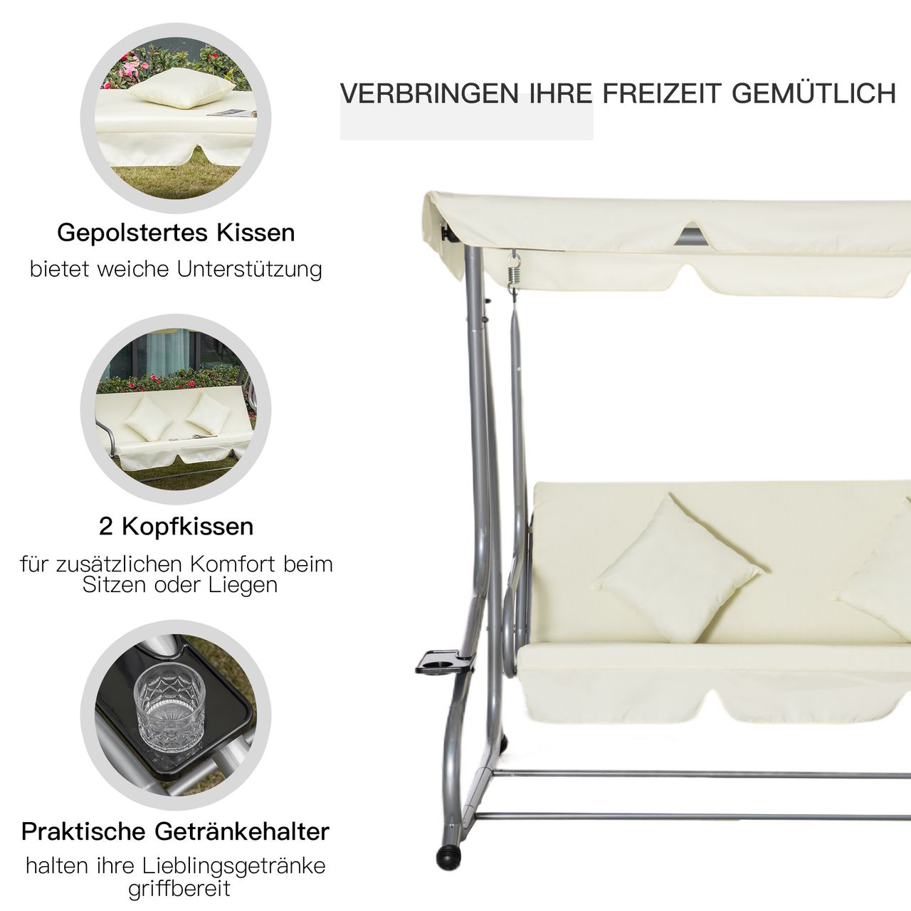 Outsunny Hollywoodschaukel Gartenschaukel 3-Sitzer Liegefunktion Stahl Beige