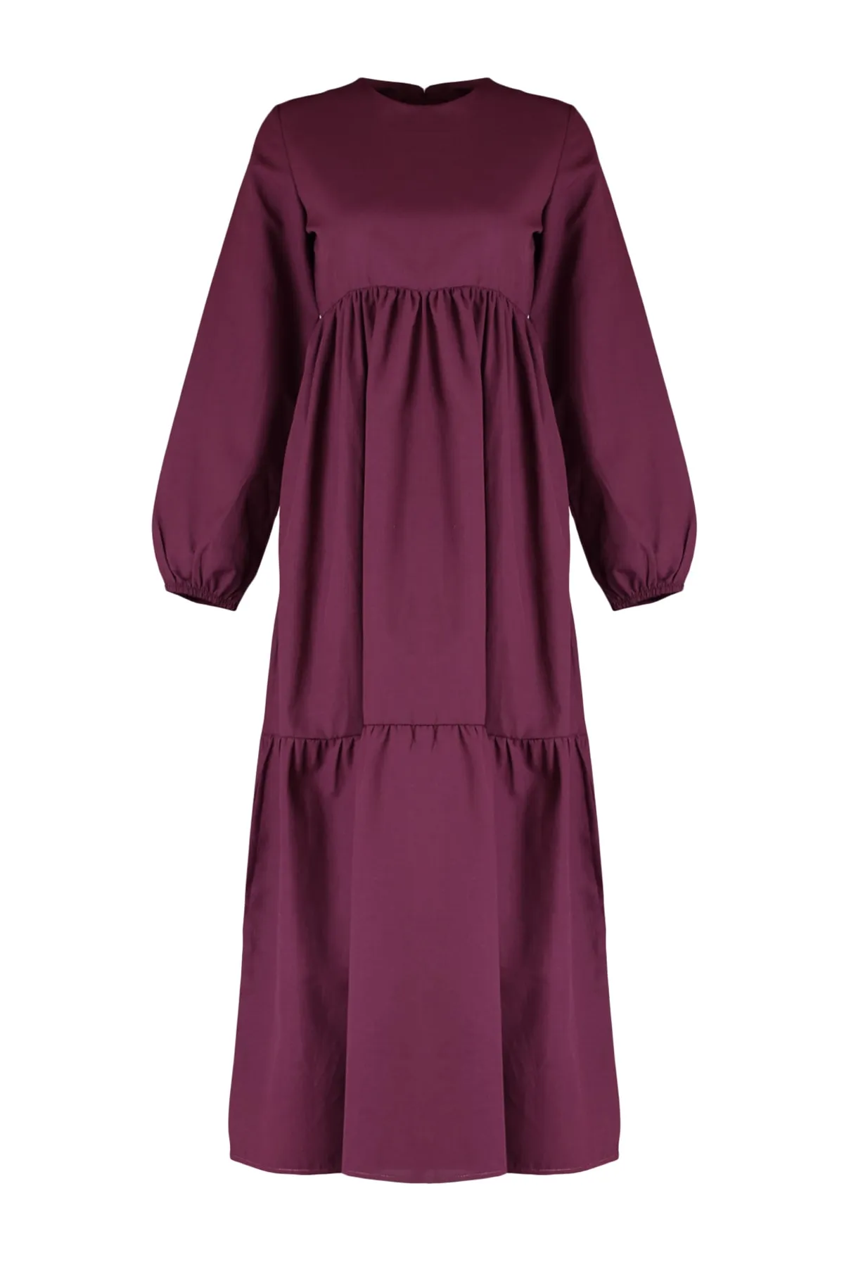 Trendyol Modest  Pflaumenfarbenes, gewebtes Kleid aus Baumwolle mit weitem Schnitt und Raffung TCTSS21EL3406