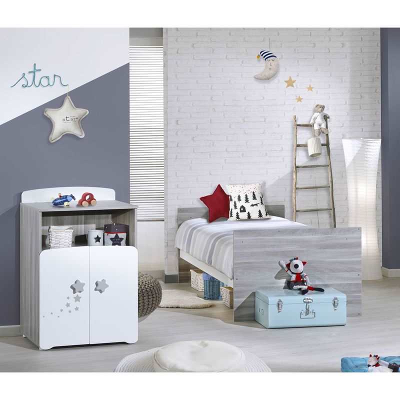 Lit bébé combiné évolutif 120x60 en 90x190 sérigraphié fumé Nao