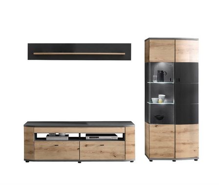 58 aufm Kessel Wohnwand Wohnkombination Jacinthe 235x171x46 Eiche/Anthrazit/Anthrazit HG 10181, (Komplettset, 3-St), Türen mit Selbsteinzug und Dämpfung