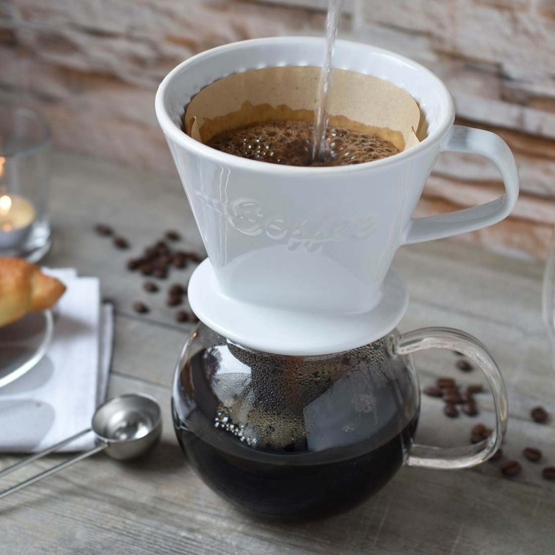 Creano French Press Kanne Creano Porzellan Kaffeefilter (Weiß), Filter Größe 4 für Filtertüten, Manuell 4
