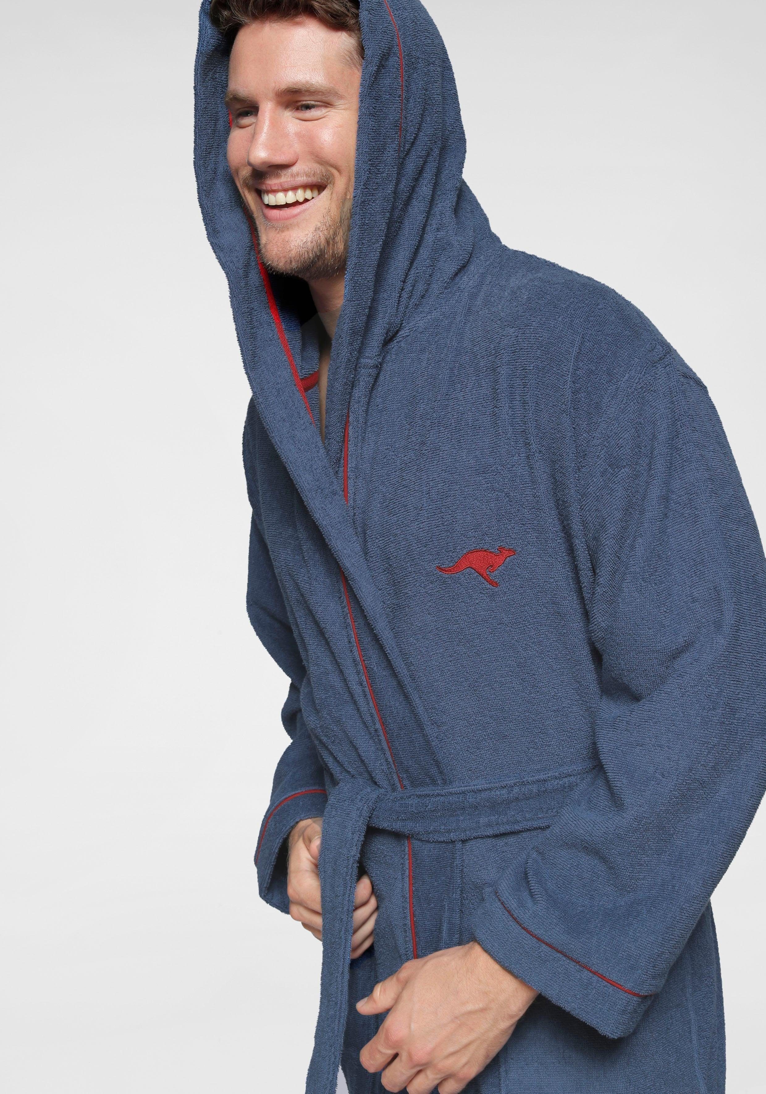 KangaROOS Unisex-Bademantel Luke, Langform, Walkfrottee, Kapuze, Gürtel, für Damen & Herren, Bademantel mit Kapuze & Logostickerei,S-2XL