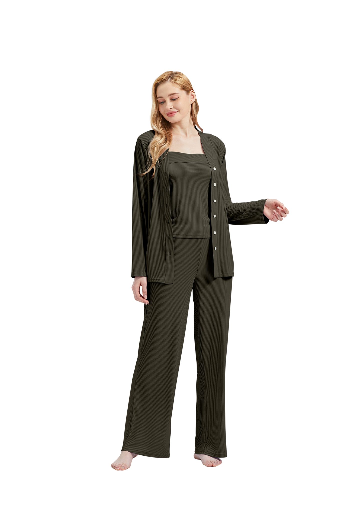 RAIKOU Schlafanzug Damen Pyjama-Set Damenwäsche V-Ausschnitt (Set, 3 tlg) incl.Jacket Top Hose