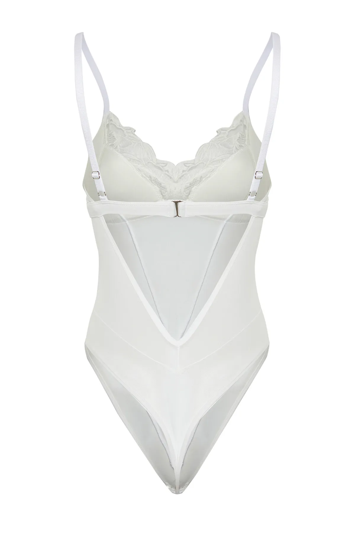 Trendyol Collection  Braut-Body aus weißem Brode-Tüll und Spitze, mit Seilriemen und Druckknopf, THMSS24BD00002