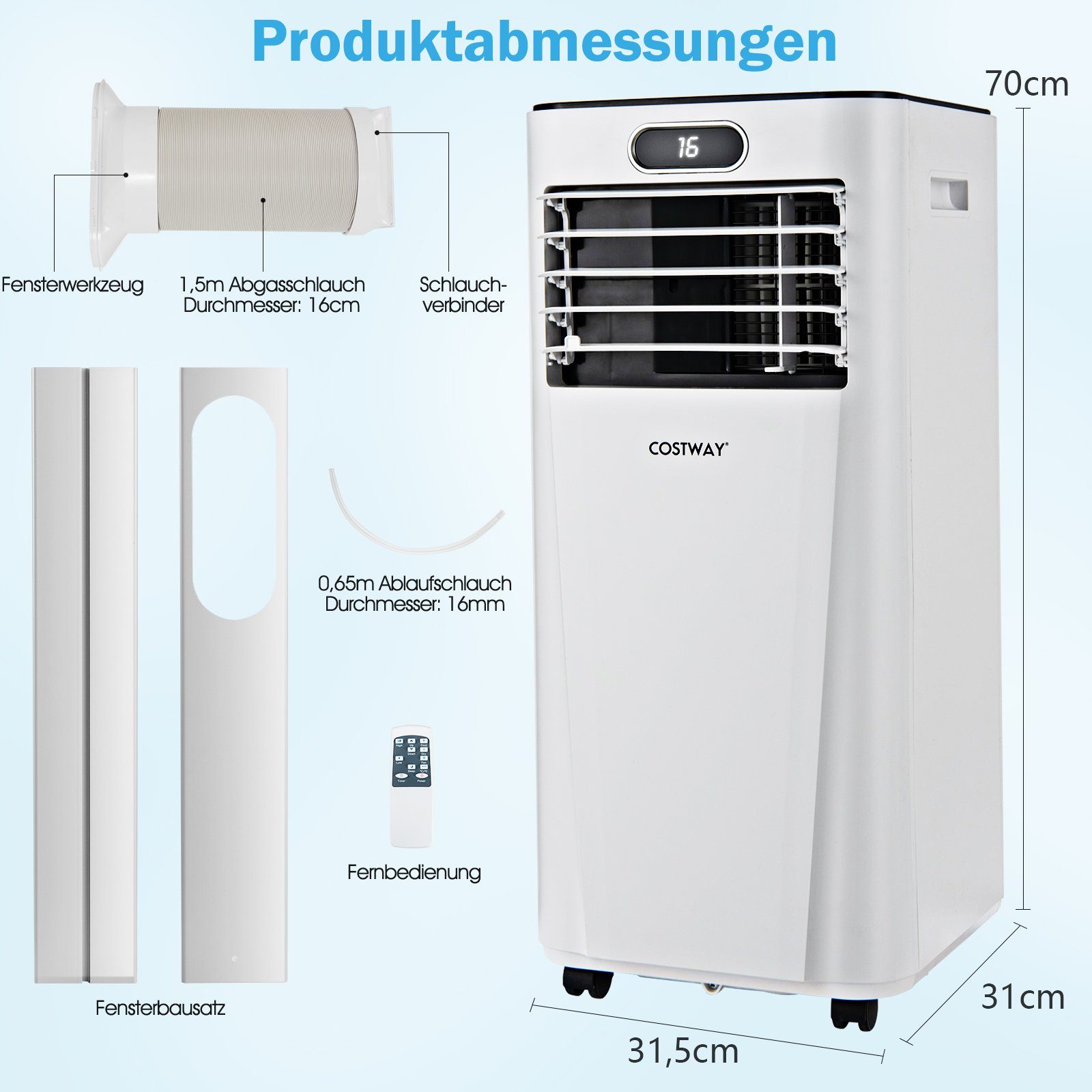 COSTWAY 3-in-1-Klimagerät, 7000BTU/2,1kW, für Räume bis 65m³, Fernbedienung