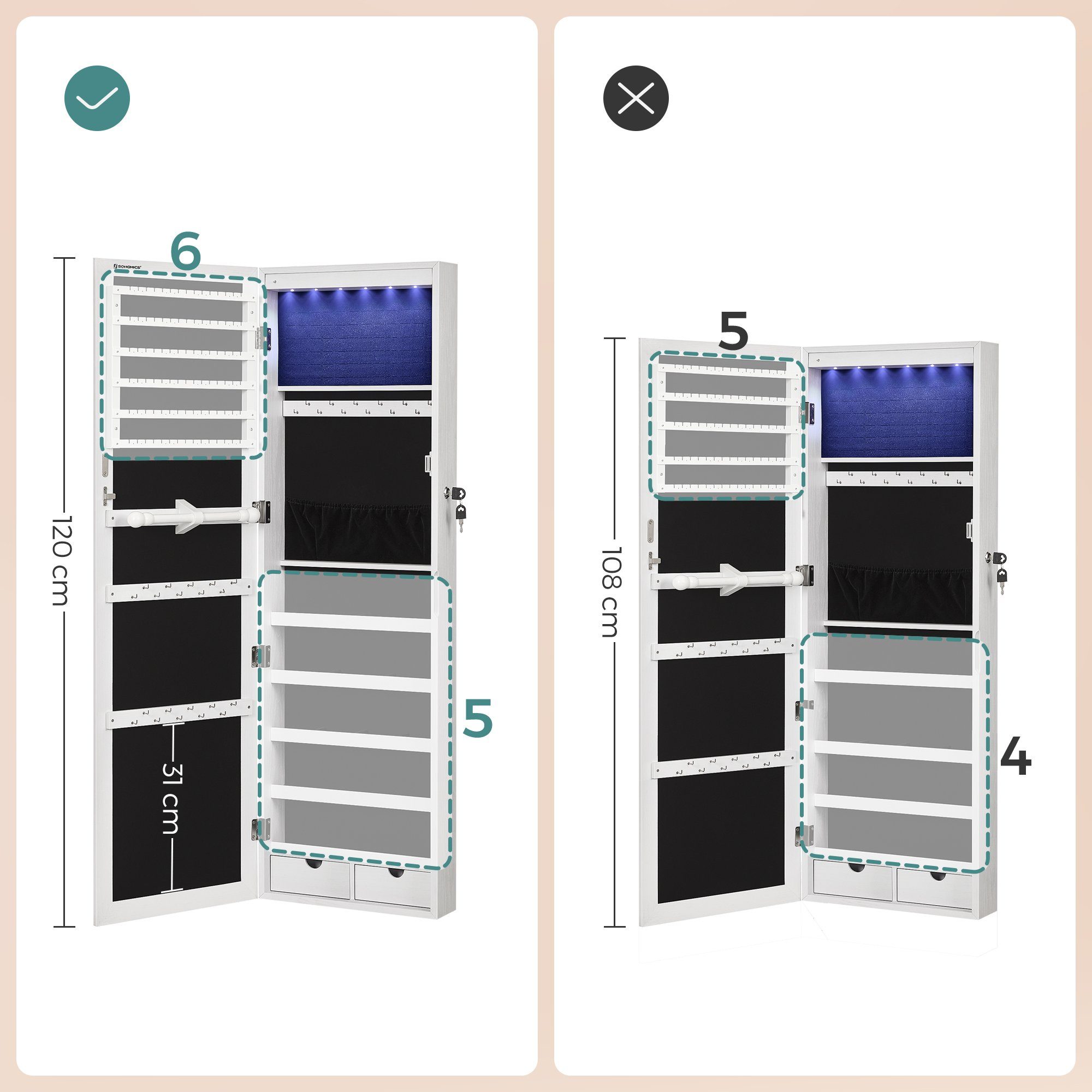 SONGMICS Schmuckschrank Spiegelschrank mit LED Beleuchtung and Spiegel