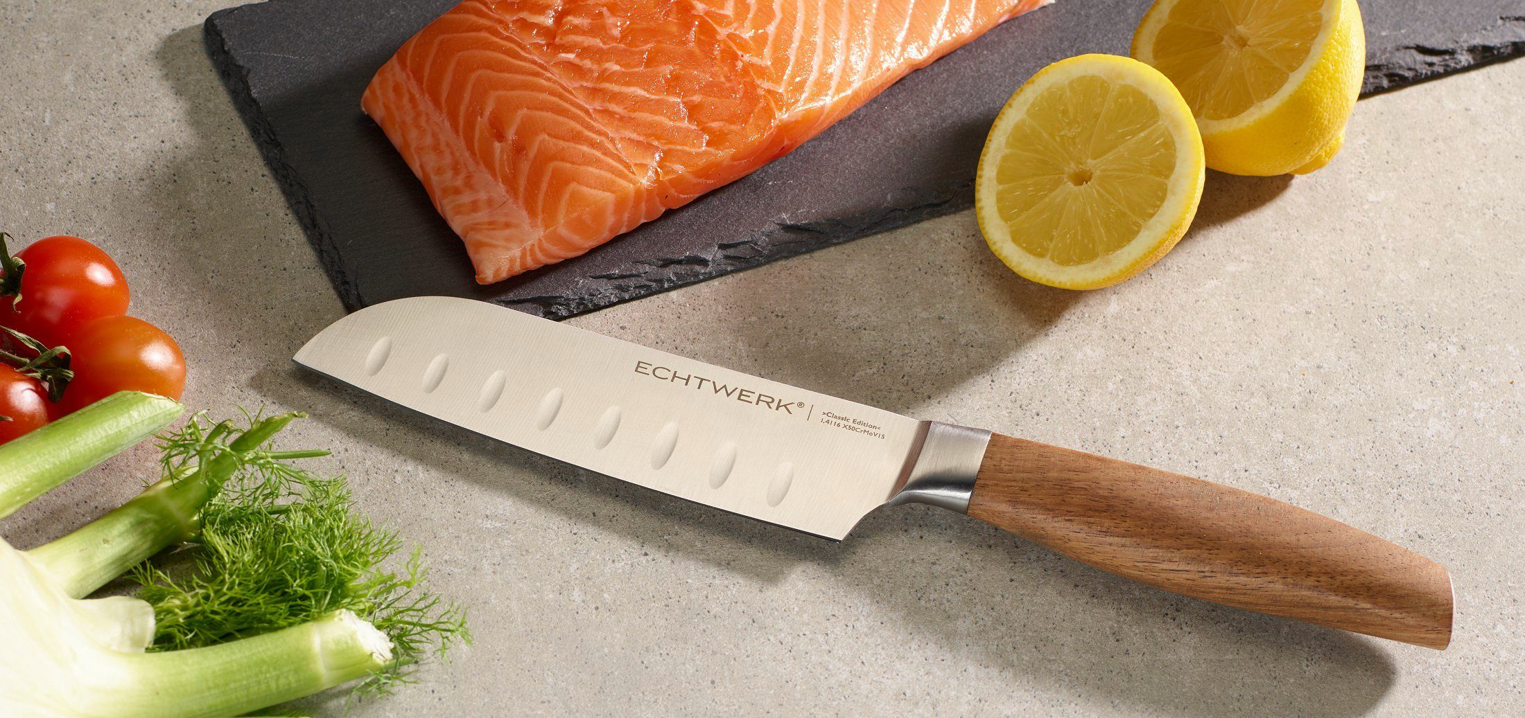 ECHTWERK Santokumesser Classic Edition, Küchenmesser, Edelstahl, Klingenlänge 15 cm, Griff aus Akazienholz