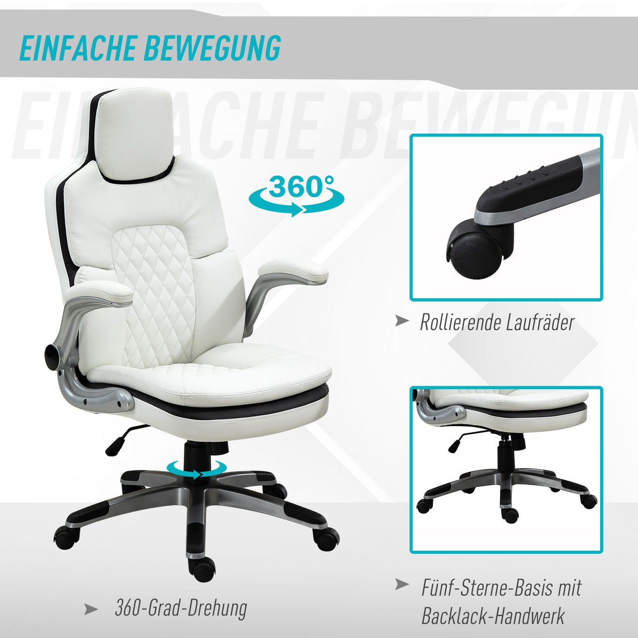 Vinsetto Ergonomischer Bürostuhl mit klappbare Armlehnen, Höhenverstellbarer Schreibtischstuhl mit Wippfunktion, Drehstuhl, PU, 69 x 67 x 113-121 cm