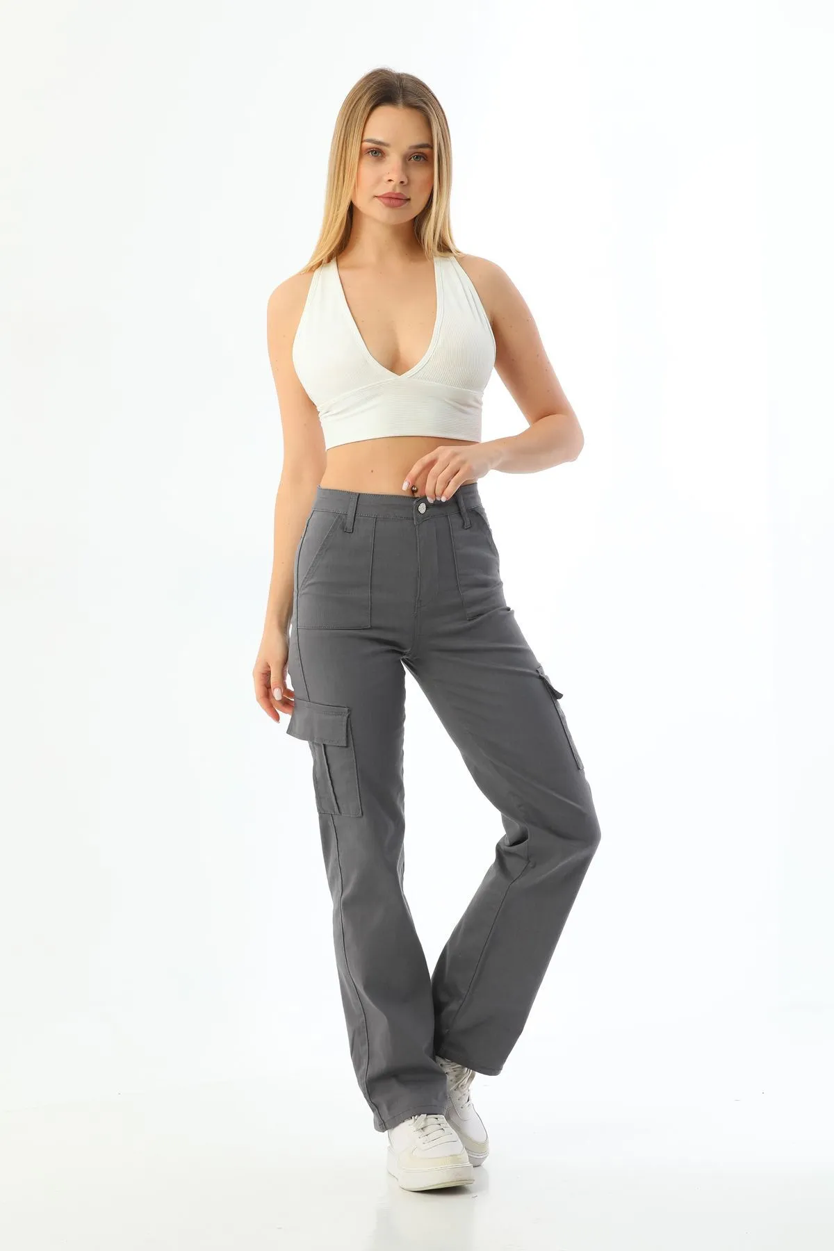 BİKELİFE  Graue Cargo-Hose aus Lycra mit hoher Taille und weitem Bein und Tasche