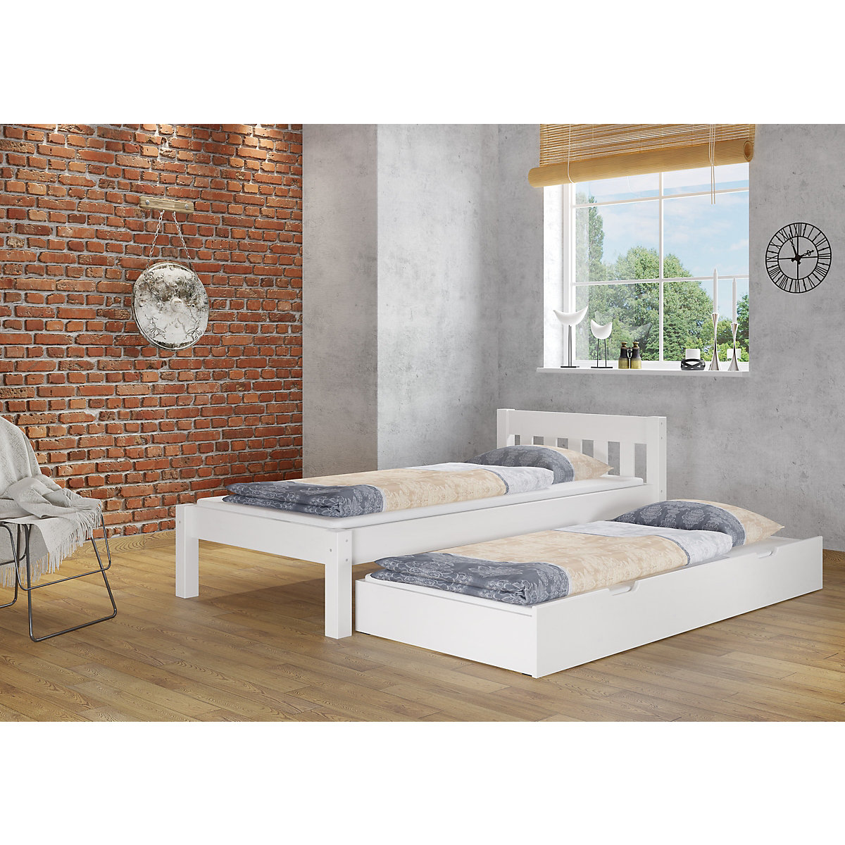 Gemütliches weißes Holzbett mit Sprossen 90x200 mit Rost