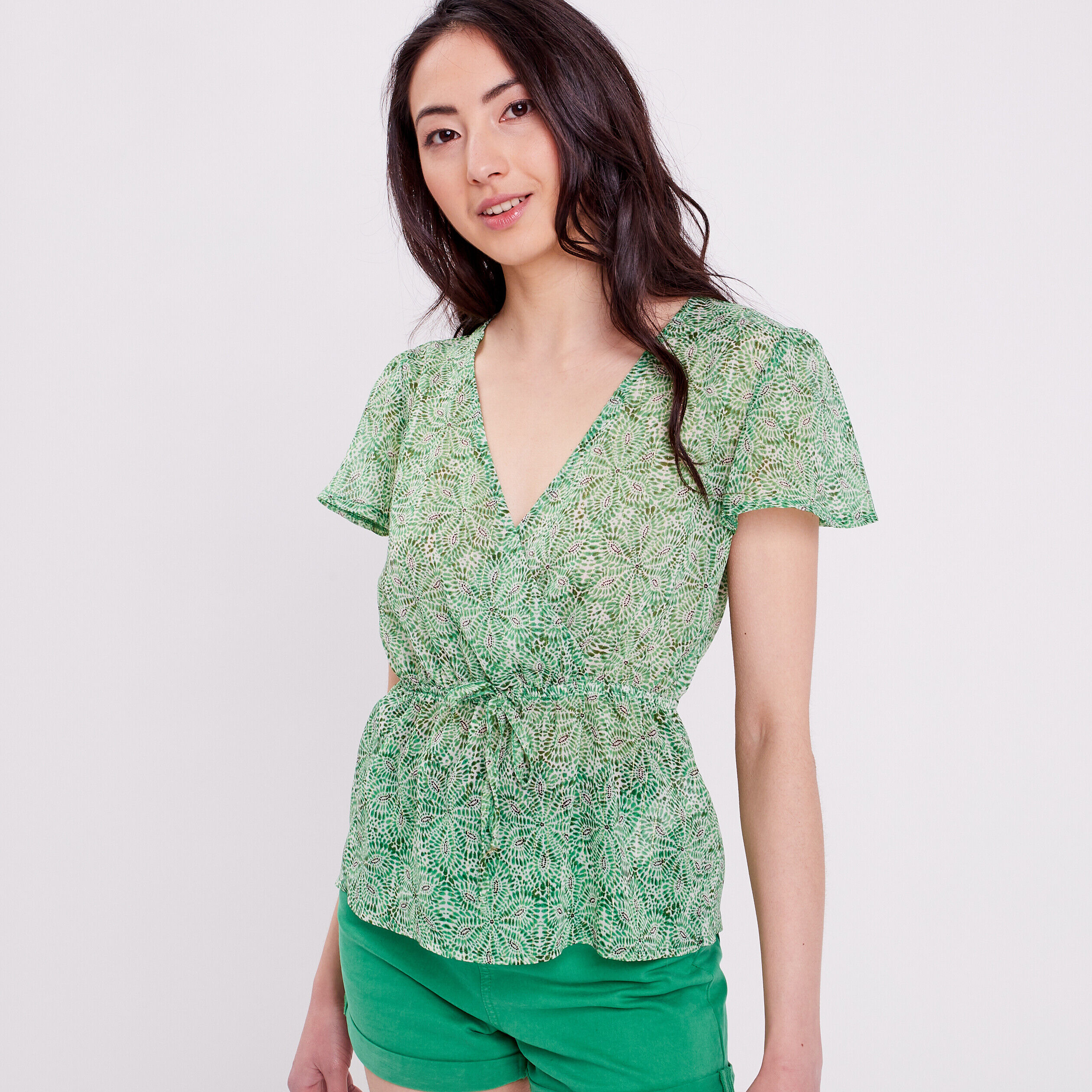 Blouse cintrée col cache-coeur vert femme | Cache Cache