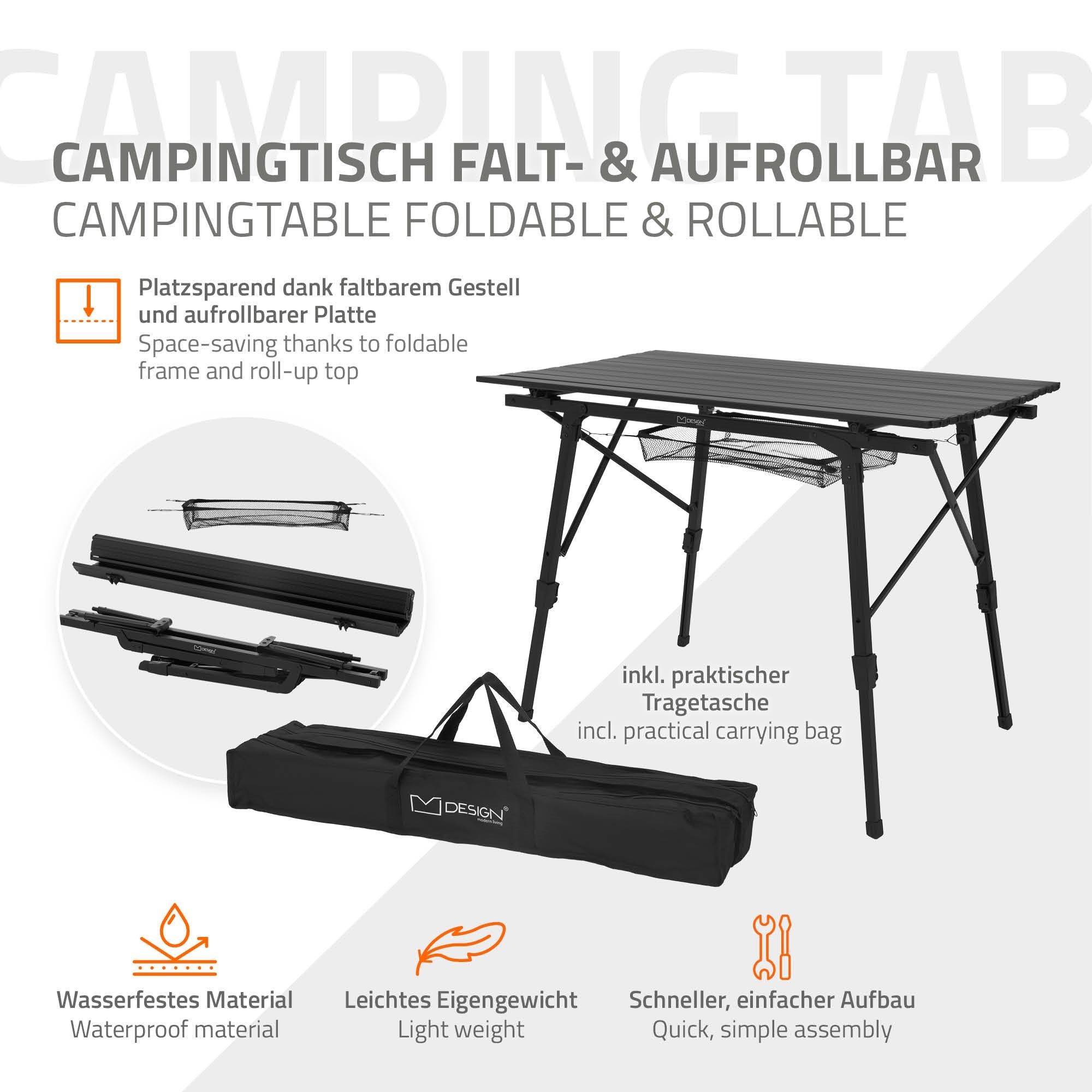 ML-DESIGN Klapptisch Campingtisch Aufrollbare Tischplatte Falttisch Gartentisch Balkontisch, Schwarz 90x51,5cm Aluminium höhenverstellbar 46-66,5cm bis 30kg