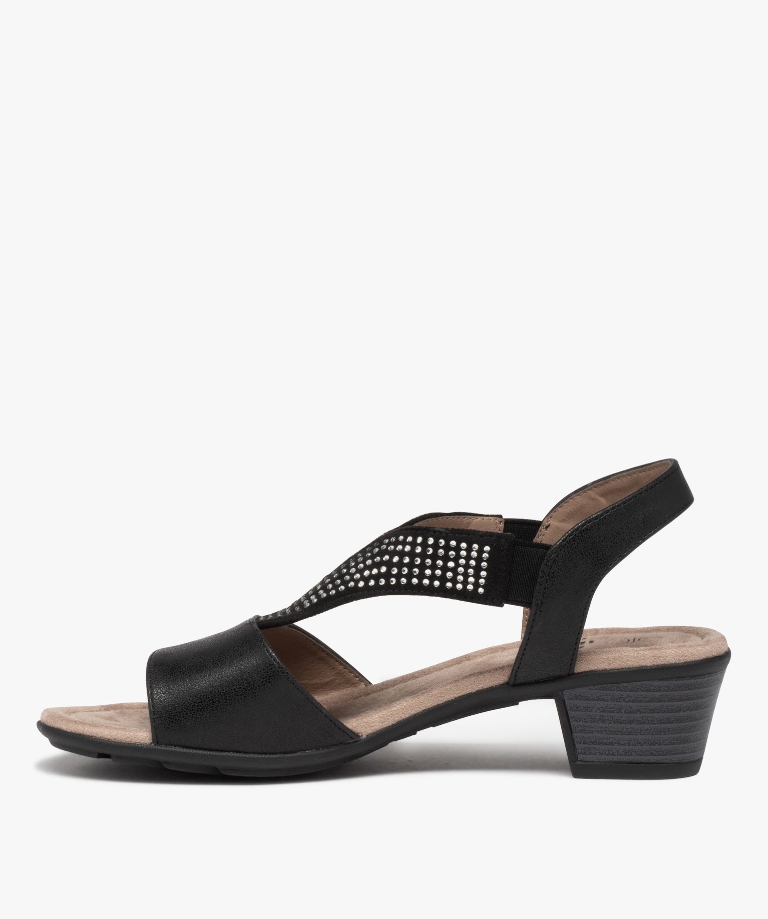 Sandales femme confort à talon et brides élastiques à strass noir | GEMO