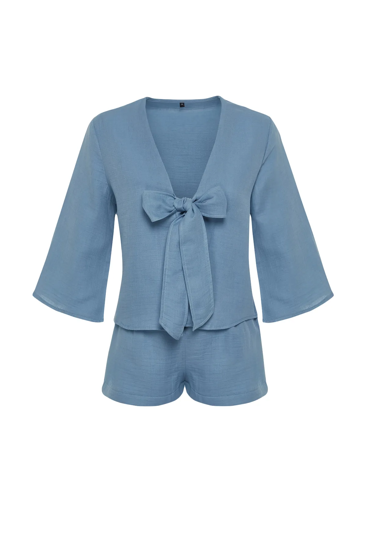 Trendyol Collection  Hochwertiges blaues Pyjama-Set aus gewebtem Musselin aus 100 % Baumwolle mit Schnürung THMSS24PT00077