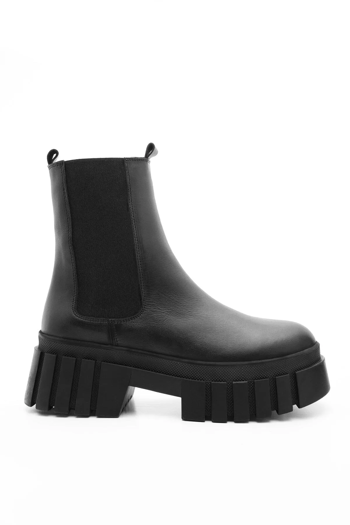 Marjin  Damenstiefel aus echtem Leder mit elastischem Seitenband, dicke Sohle, Martes Schwarz