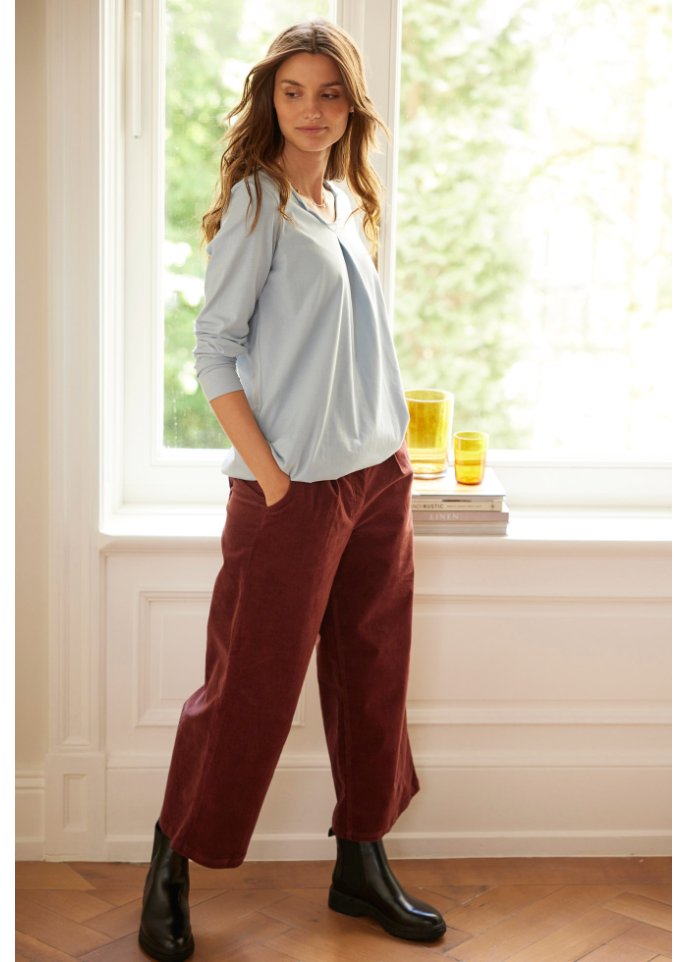 Weite Stretchcord-Culotte mit High-Waist-Bequembund, 7/8-Länge